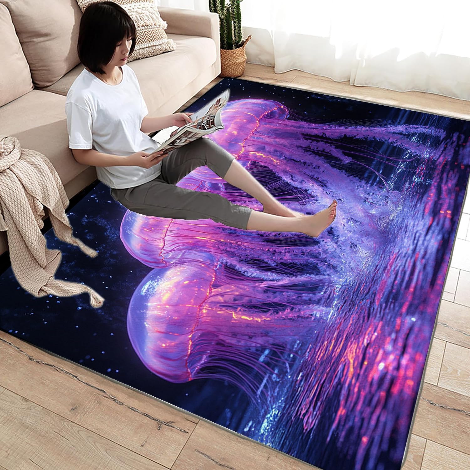 Tapis Bleu Canard Méduse Tapis Salon - Grande Taille de Poils Ras - Moquette pour Le Salon et la Chambre à Coucher - Lavable en Machine Antidérapant(Bleu 71)-120x150cm