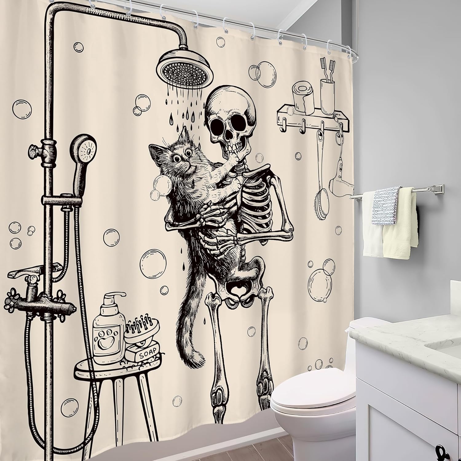 Funny Skull Skeleton Shower Curtain Fun Cat Gothic Cool Retro Spooky Bone Bathing Horror Vintage Hilarious Bathroom Decor Beige Halloween 72Wx72H Bath Curtain Fabric Polyester 12 Pack Hooks