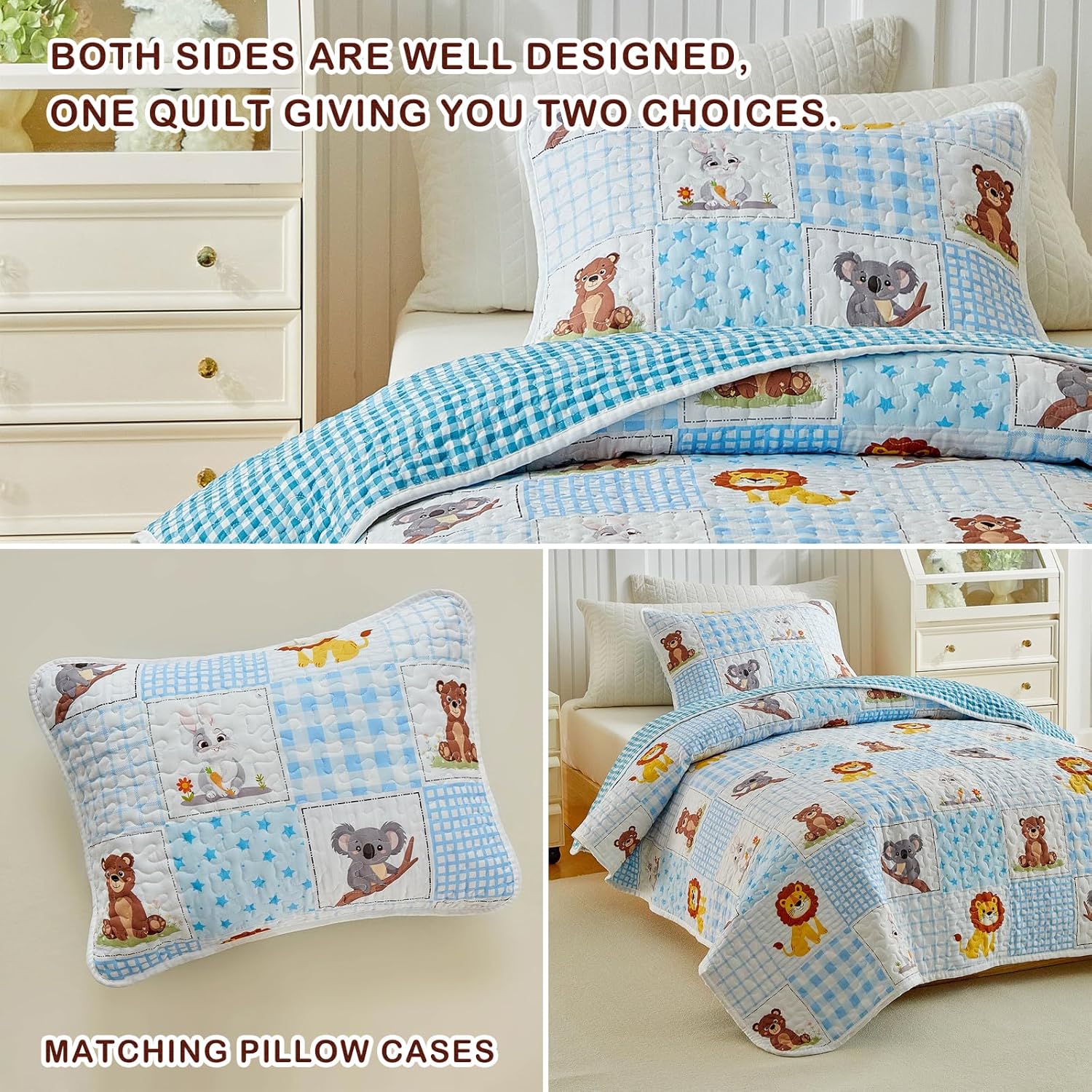 Joyreap Queen Size Quilt Set for Kids, Blue White Animals Patchwork Design, 3 Pieces Soft n Cozy Microfiber Quilt, Bedspread Bed Cover for All Season- 90x90 inches