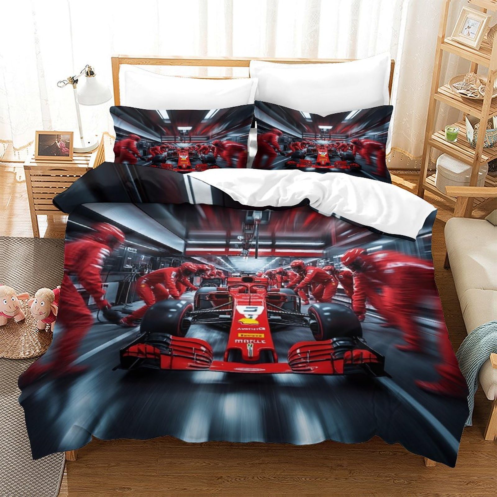 LILIlaobiao Ferrariii Washable Bedding Set Hidden Zipper Duvet Cover Set with Pillowcases Formula racing Quilt Cover Set Soft Microfiber Bed Linen Set for Kids & Adults Double（200x200cm）