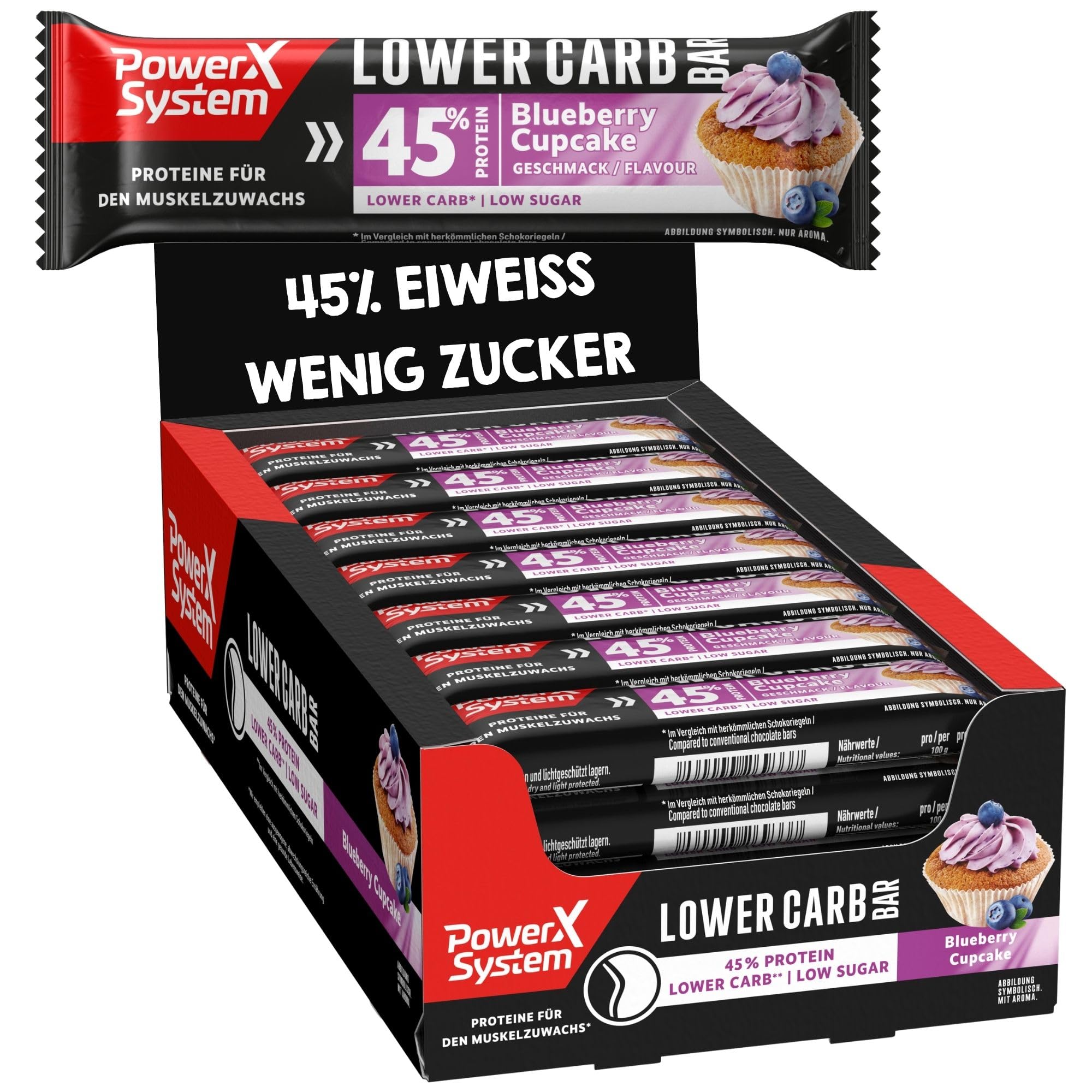 Power System Lower Carb Bar Blueberry Cupcake, 44% Protein, 28 x 40 g | Eiweißriegel mit 18 g Protein und nur 0,9 g Zucker pro Riegel, Heidelbeer-Cupcake-Geschmack mit Vollmilchschokolade