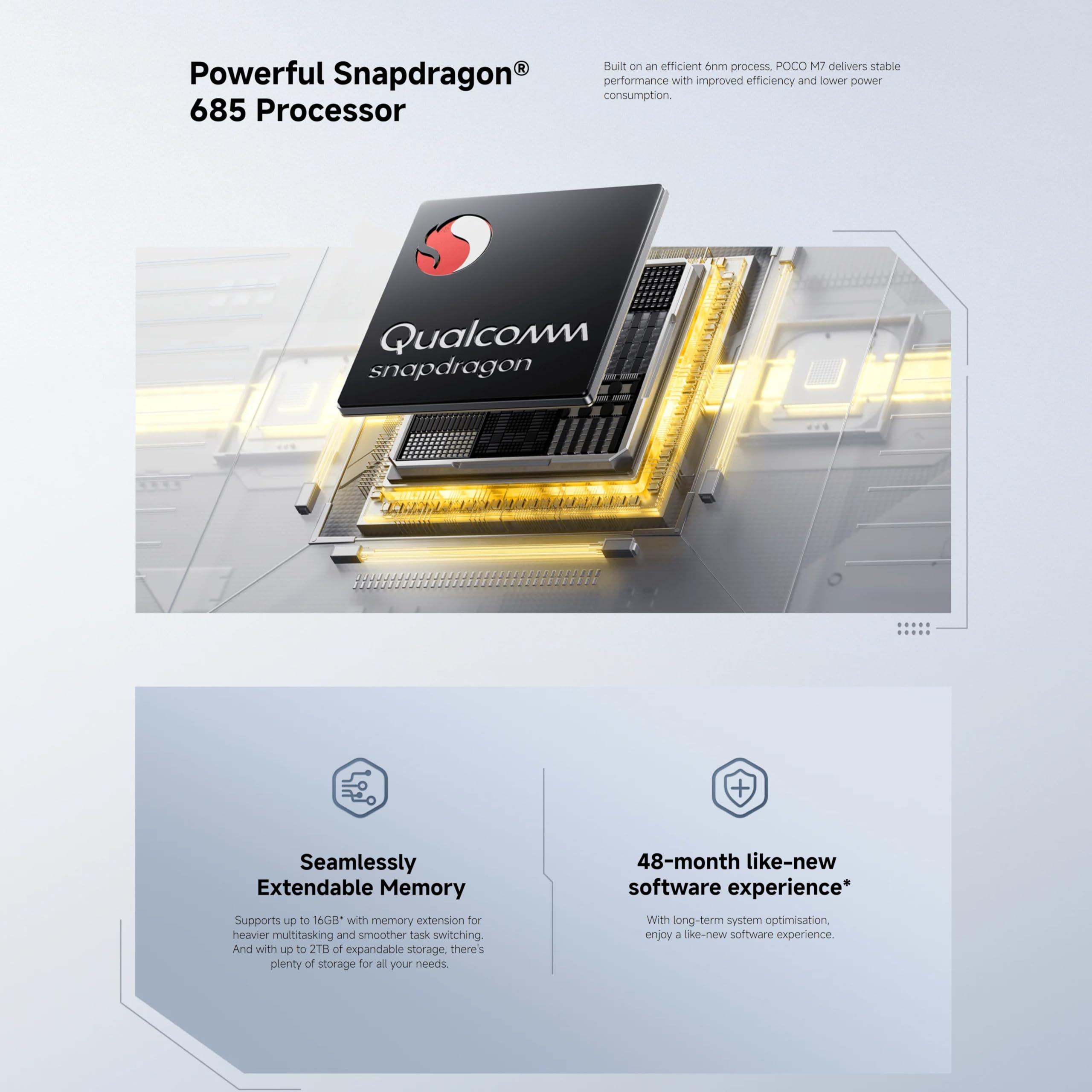 XIAOMI POCO M7, smartfon 8+256 GB, 6,9-calowy wyświetlacz FHD+ 144 Hz, Snapdragon 685, podwójny aparat AI 50 MP, 7000 mAh, czarny, ładowarka nie jest dołączona (wersja francuska + 2 lata) | Wyświetlacz 6,9" FHD+ 144 Hz, Snapdragon 685, podwójny aparat 50