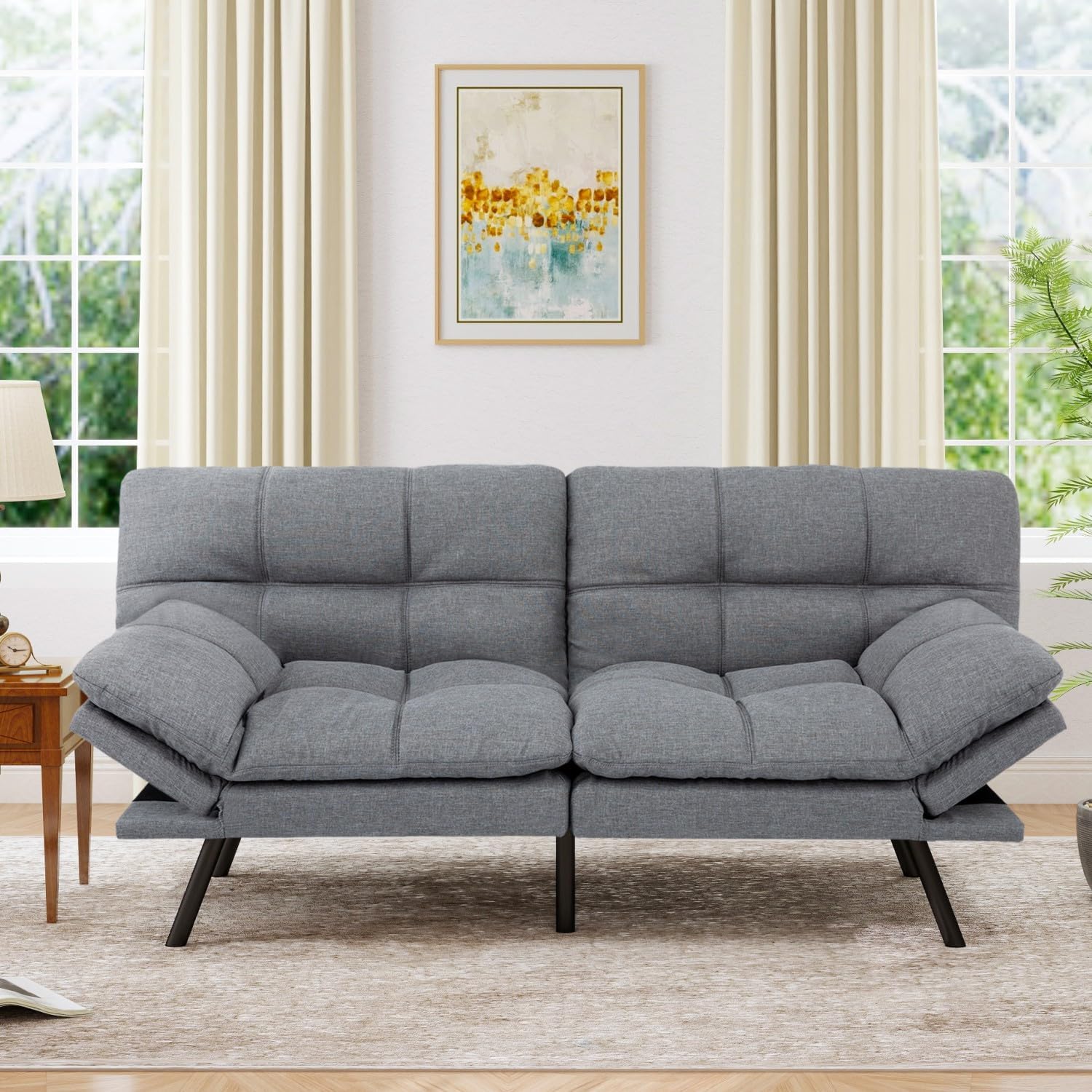 MUUEGM 71" Futon Sofa Bed, Cozy Convertible Loveseat Sleeper, Linen Fabric Couch with Adjustable Back & Arms for Living Room, Guest Room - Ash Gray