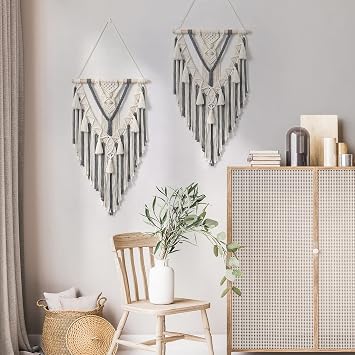 Dremisland Boho Macrame Wall Hanging Geometric Woven Tapestry Beige & Grey Cotton Handmade Bohemian Art with Tassel Craft Ornament for Bedroom Living Room Apartment Nursery