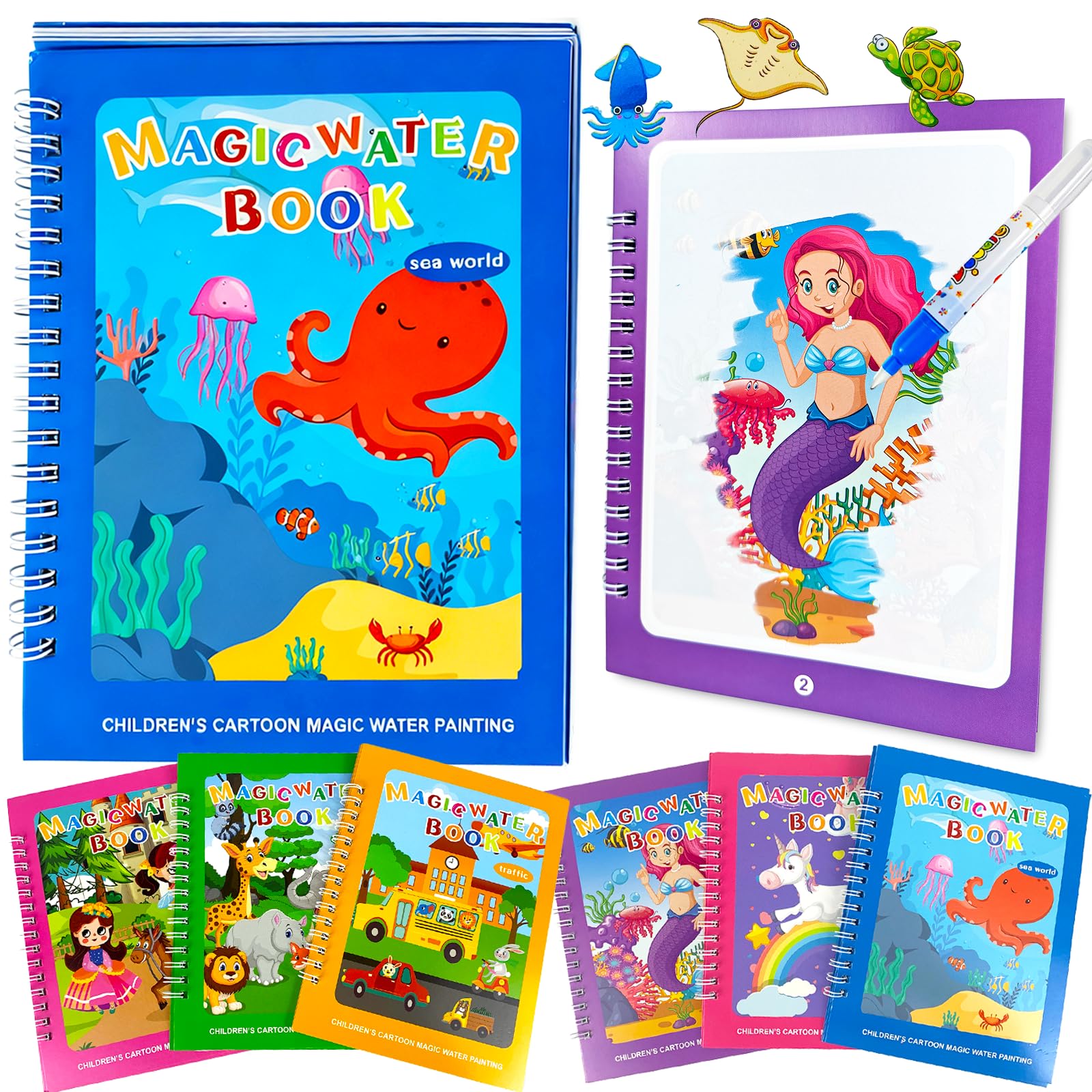 Tangdudu 6 Pieces Magic Water Colouring Books Reusable Water Painting Books for Children with 6 Pieces Water Pen