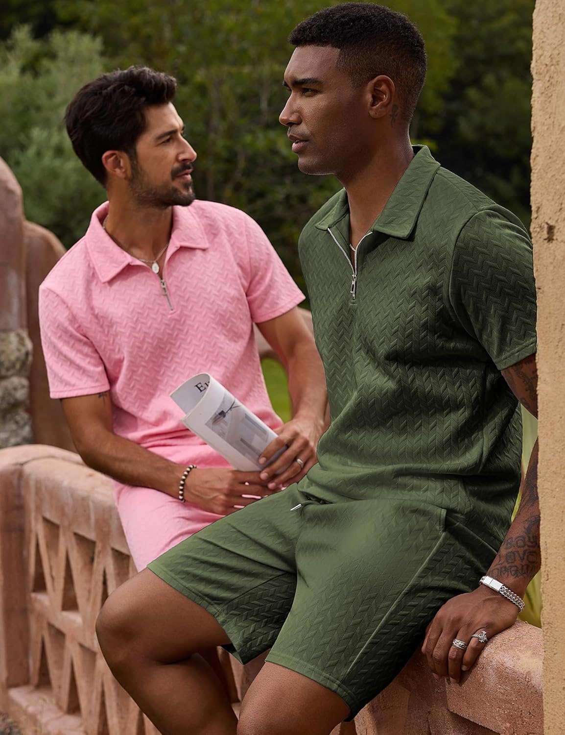 URRU Mens Textured Polo Shirt and Shorts Sets Outfits 2 Piece Summer Tracksuits Casual Quarter Zip Golf Polo Shirts - Image 4