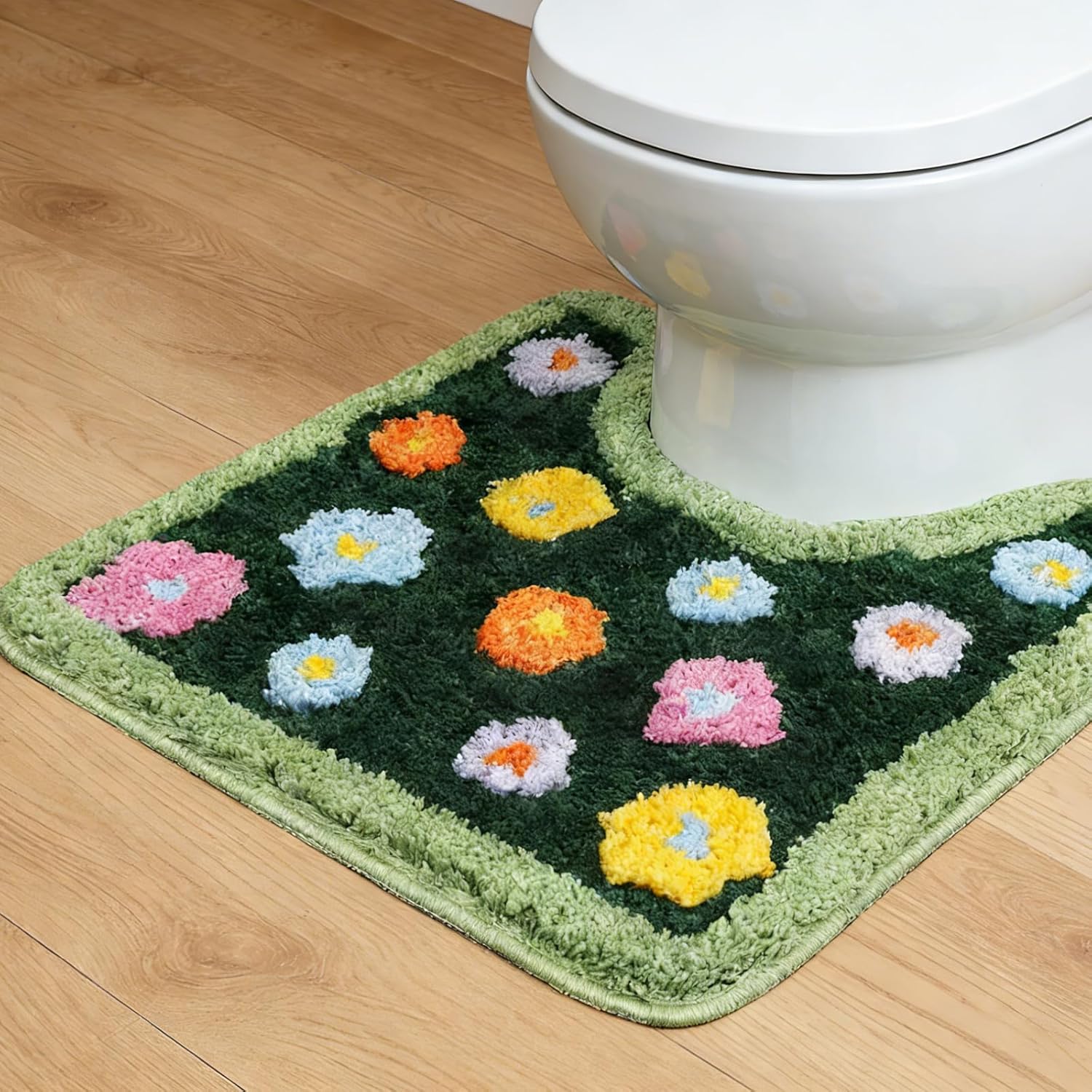 U Shaped Toilet Rugs,Cute Green Moss Rug for Bathroom,Aesthetic Soft Microfiber Decorative Non-Slip Carpet,Washable Water Absorbent Toilet Carpets(20x20inches)