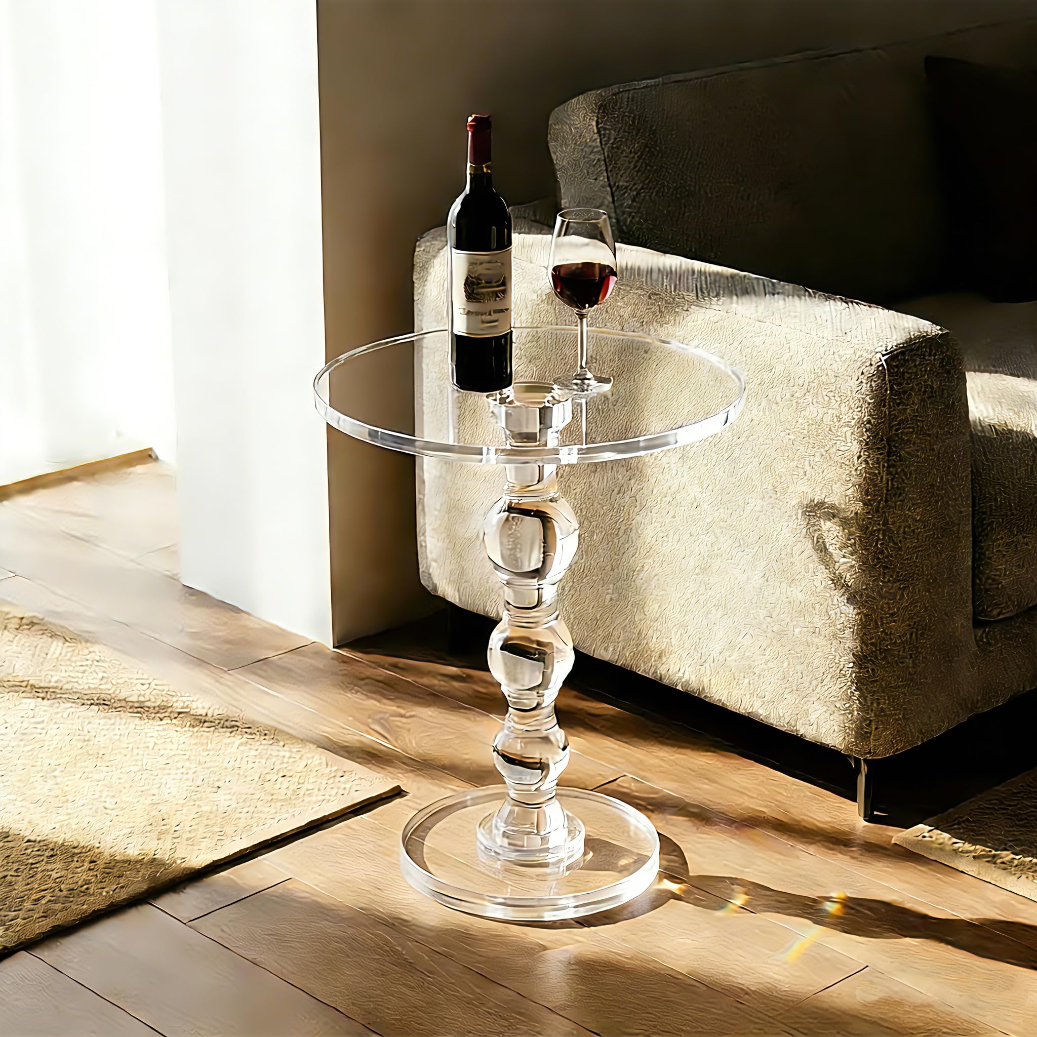 TPZLRN Acrylic Side Table, Acrylic end Table, Clear Small Round Side/End Tables with Support Rod, Modern Drink Table/Nightstand for Living Room