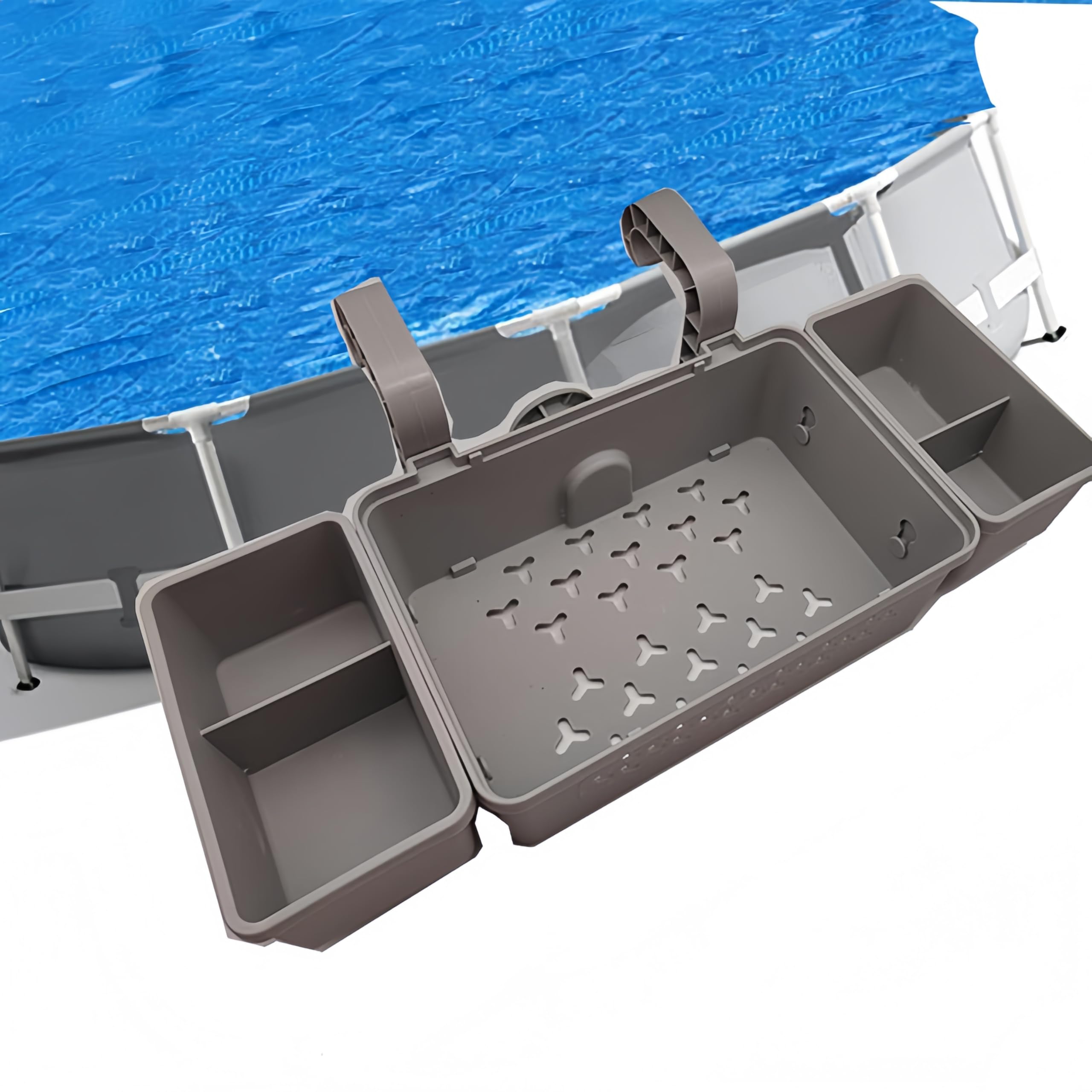 Panier à bord de piscine, 42 x 21 x 13 cm, panier de rangement pour piscine hors sol, plateau de rangement à bord de piscine, fabriqué pour des performances de longue durée, facile à démonter (gris)