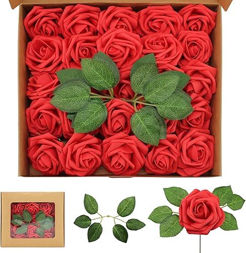 Miniatura 5 de Flores artificiales, rosas blancas, rosas falsas de espuma de aspecto real con hojas y para ramos de boda, centros de mesa de despedida de soltera,