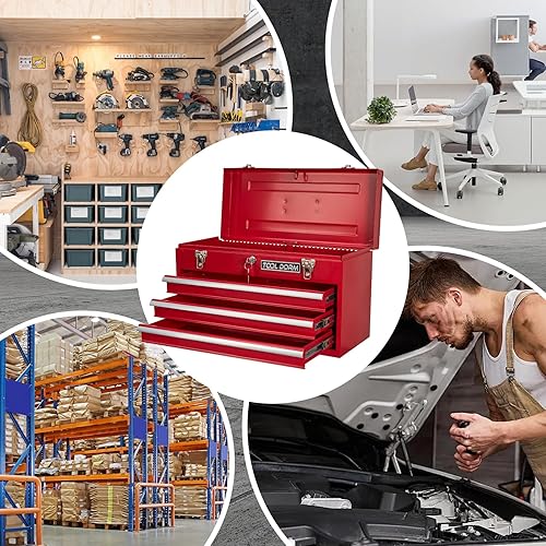 Miniatura 6 de Caja de herramientas de metal de 20.3 pulgadas con cajón, caja de herramientas de acero portátil con forro protector y cierre de pestillo y