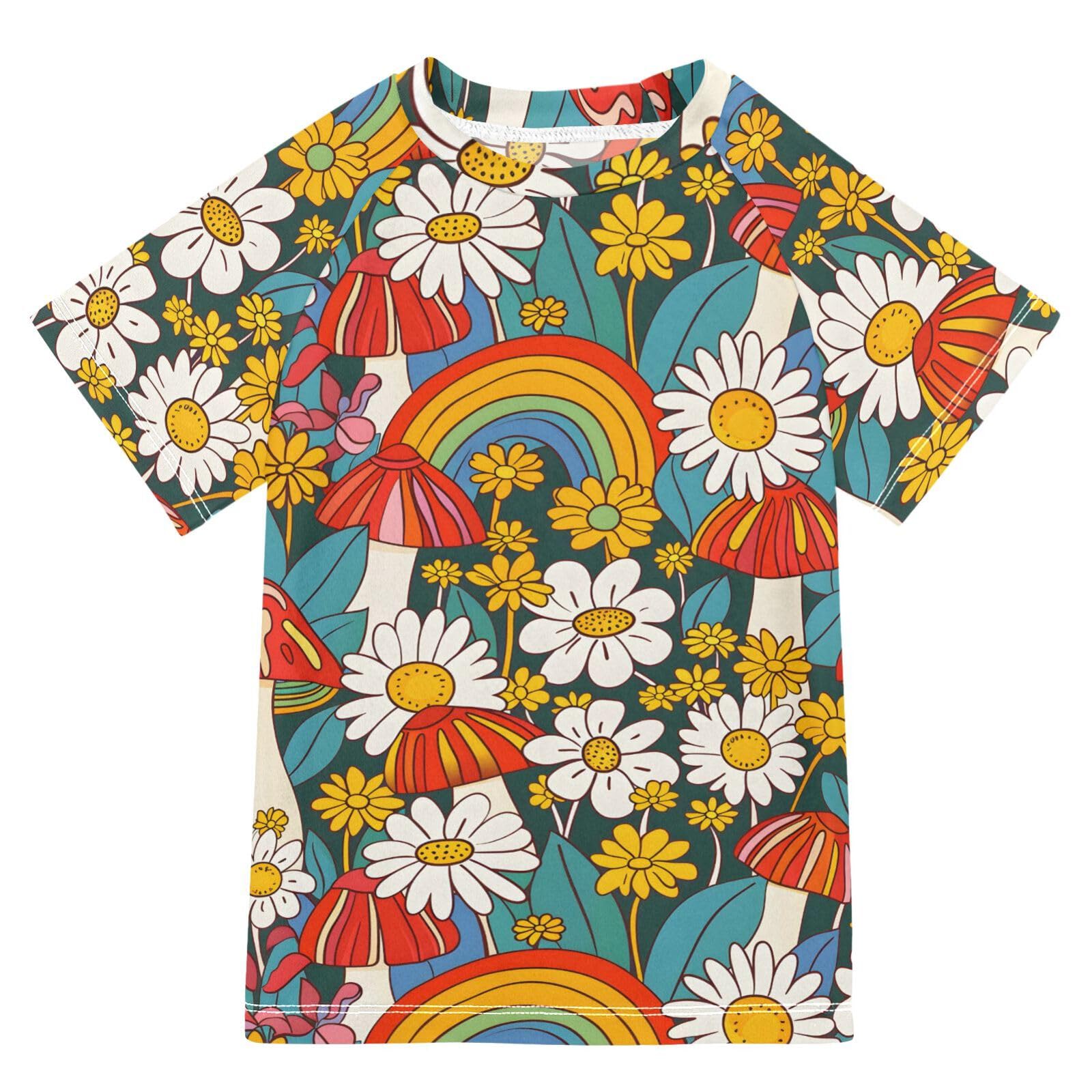ALAZA Boys Rash Guard Swimming Shirt for Boys Short Sleeve Flowers Mushrooms Rainbows UPF 50+ 5-6T