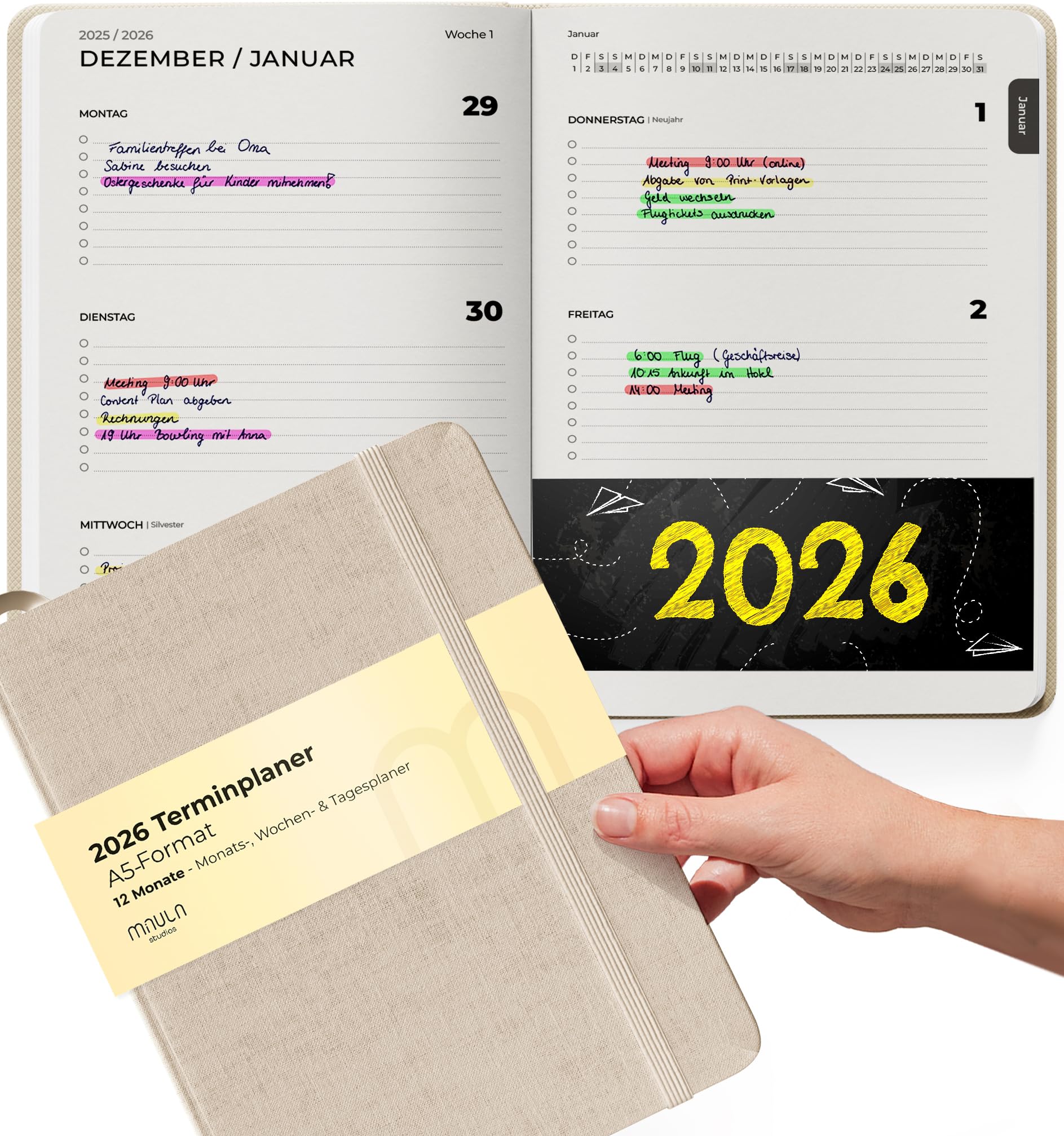 Terminplaner 2026 A5 Leinen – Kalender 2026 Buchkalender – Wochenplaner für Termine & Organisation – Planer Minimalist – Praktischer Terminkalender Jan - Dez 2026 mit Deutschen Feiertagen