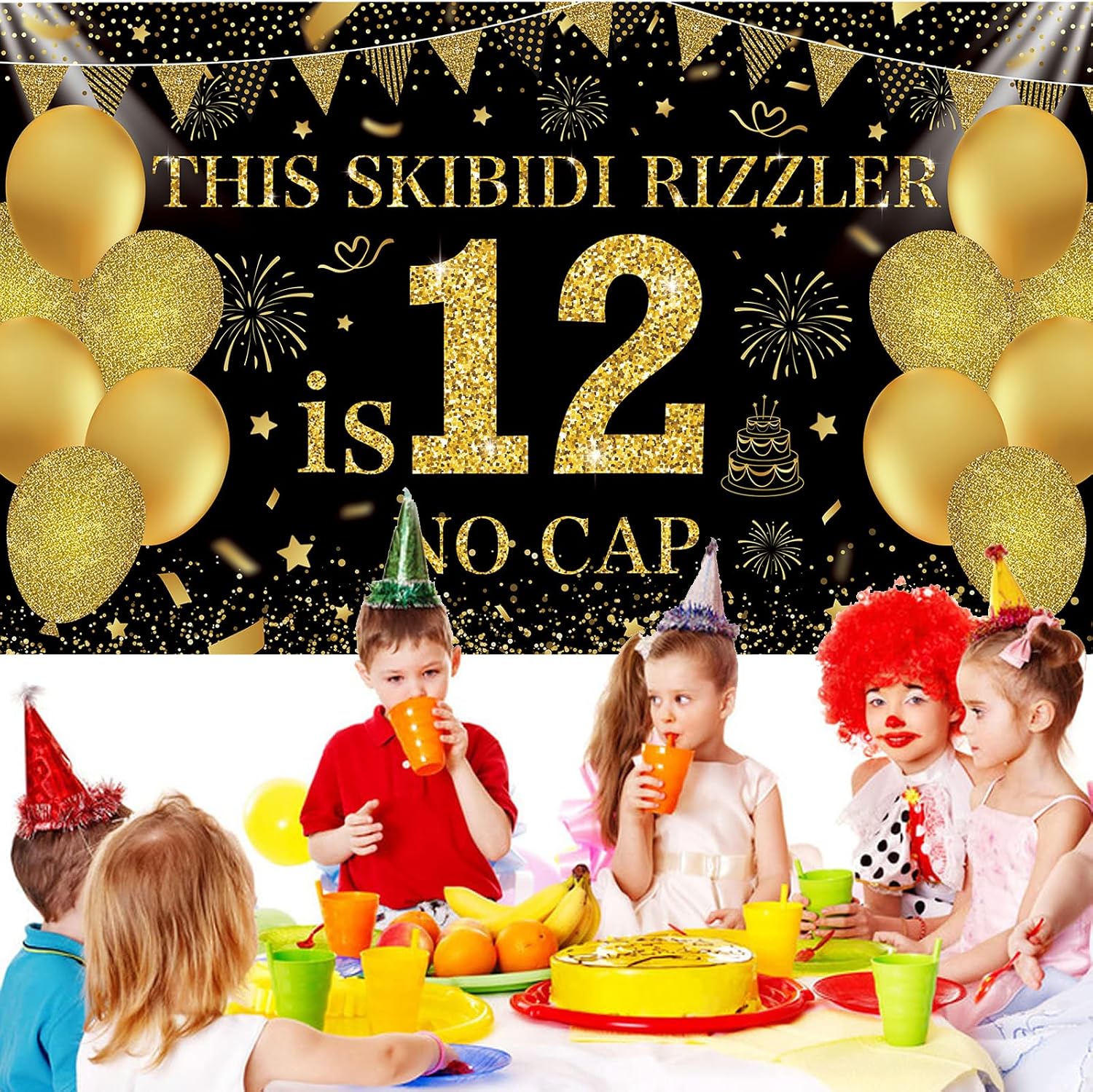 Black Gold This Skibidi Rizzler is 12 No Cap Happy Birthday Backdrop Banner Photography Background Decorations for Boys Girls 12th Year Bday Party Accessories Supplies 72.8 * 43.3in image 4