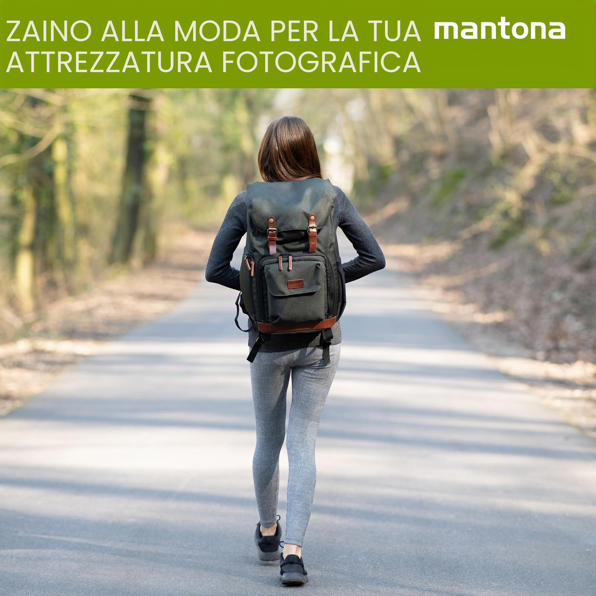 Mantona Luis junior Retrò Zaino fotografico verde con pelle, per fotocamera con protezione antipioggia, Borsa da fotografo con scomparto laptop, per 1 DSLR, 1-2 obiettivi e vari accessori fotografici