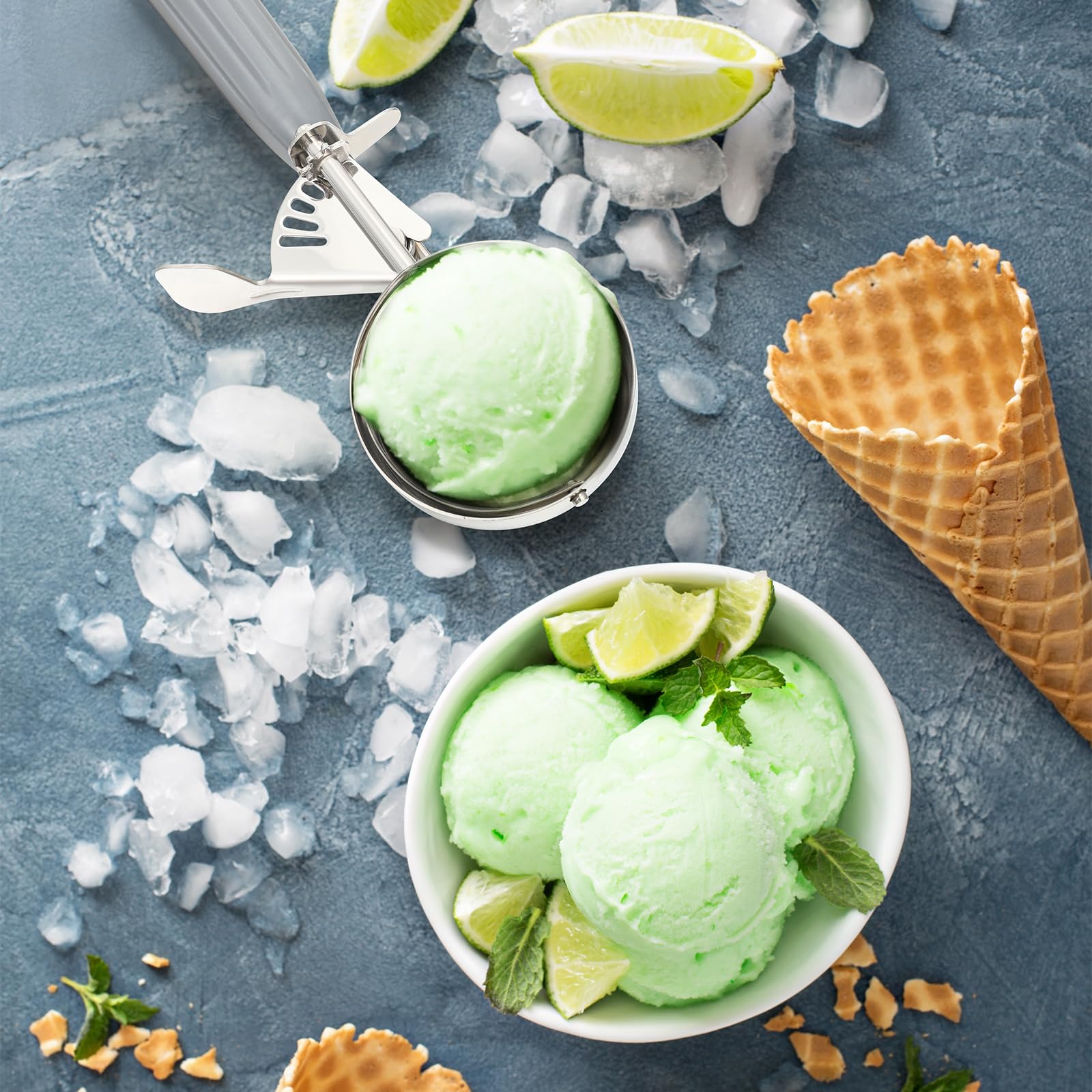 Reallnaive 2 cucharas de helado de 4 onzas con liberación de gatillo, cucharas de hielo de acero inoxidable #8 para control de porciones, masa de galletas, masa de galletas, masa de cupcakes, helado