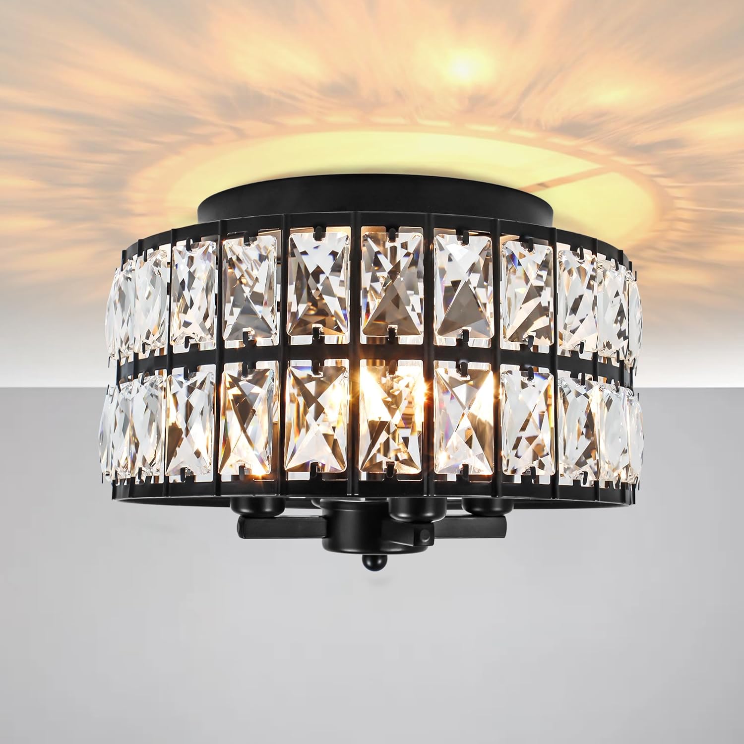 Black Crystal Flush Mount Ceiling Light, 4 Lights Black Dining Room Light Fixtures with E12 Base, Modern Close to Ceiling Light Fixture for Bathroom, Hallway, Kitchen, Bedroom, Entryway