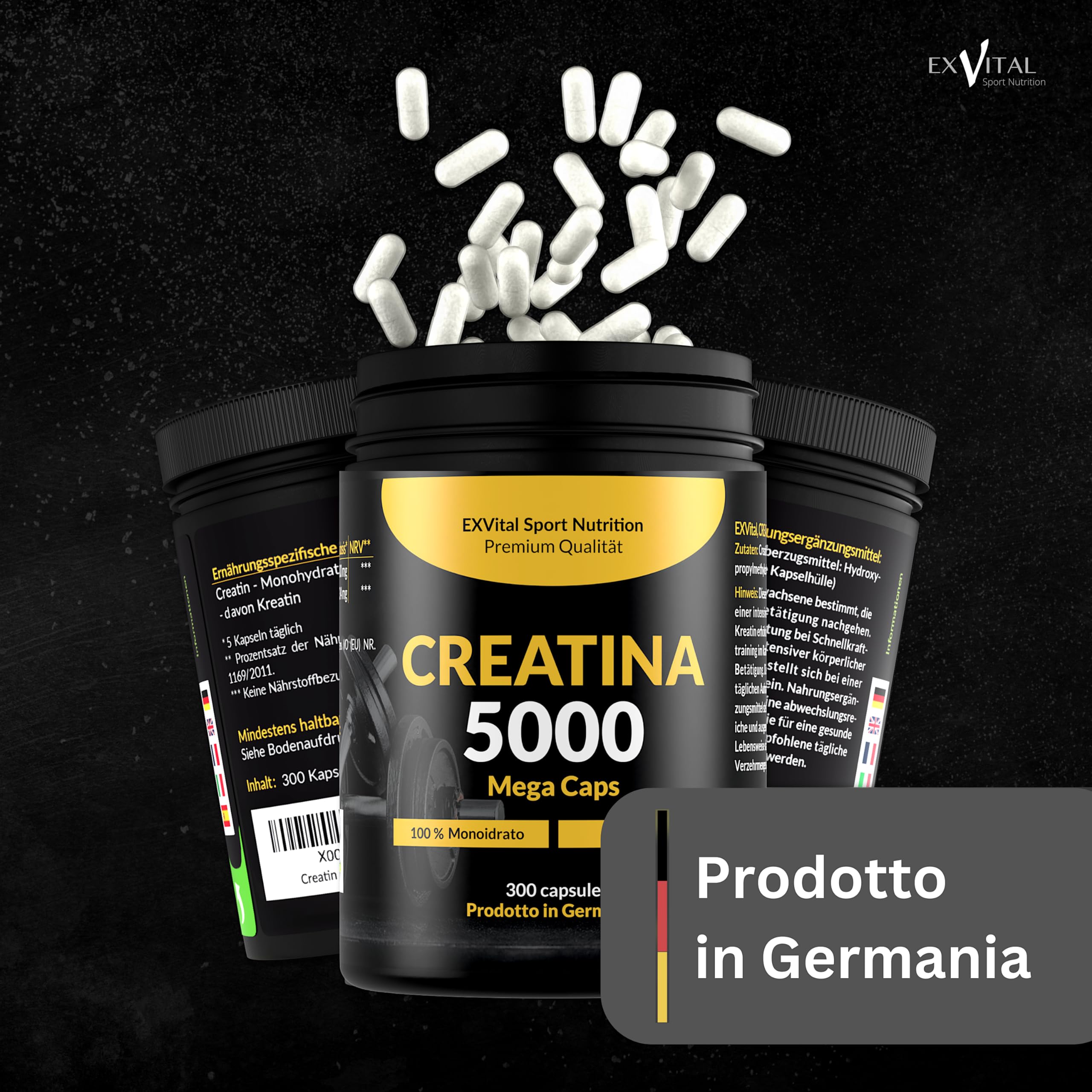 Creatina 5000 Mega Caps, stimolante per l'allenamento, 5000 mg di creatina monoidrato per dose giornaliera, 300 capsule, preworkout, Vegano
