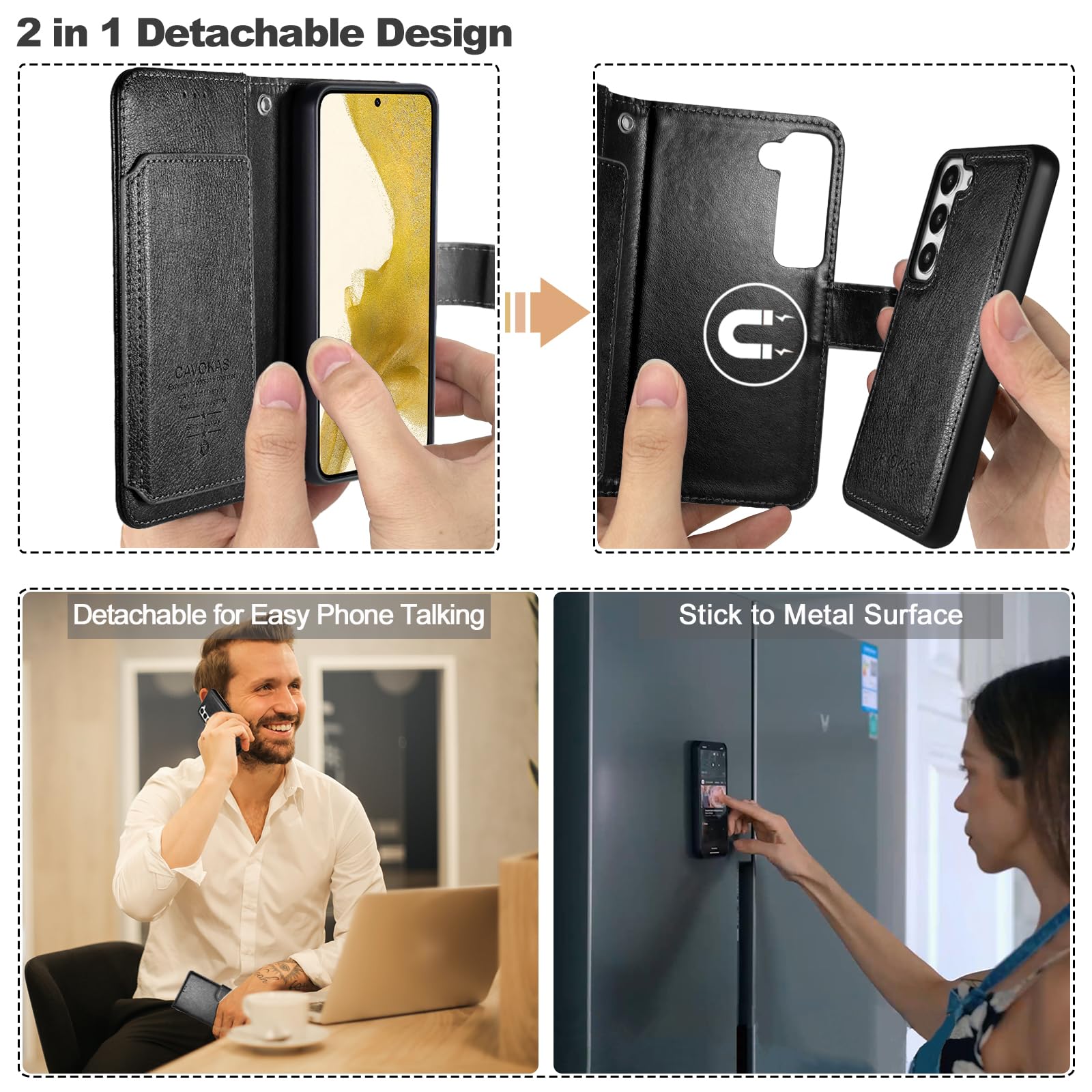 CAVOKAS Case Wallet for Samsung Galaxy S23 Wallet Case, 6.1 Inch Magnetic Detachable with Card Holders Leather Folio Case, Wireless Charging Supported, RFID Blocking, Black
