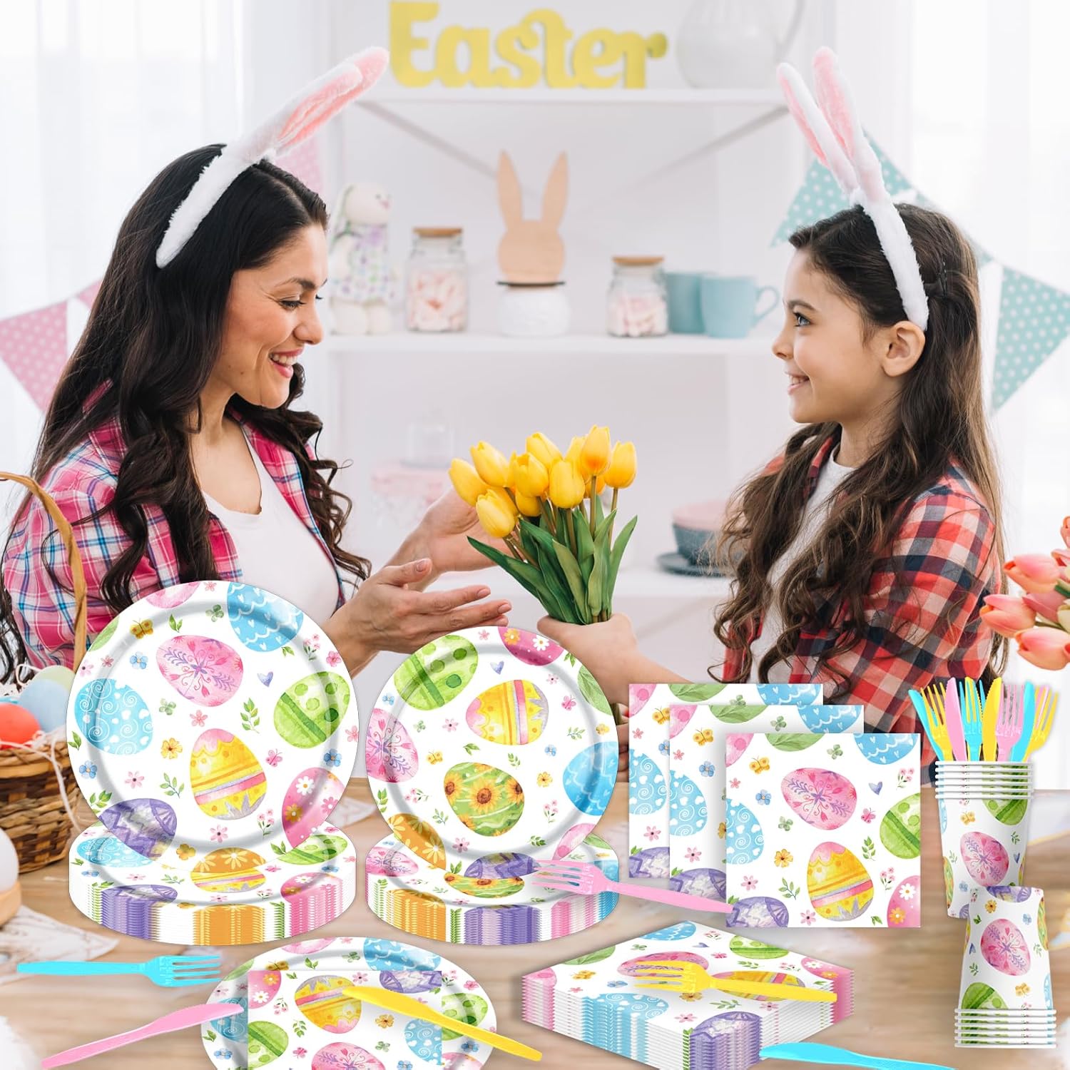 Easter Party Decorations Tableware,145pcs Easter Plates and Napkins,Cup,Tablecloth,Fork,Knife,Disposable Easter Egg Paper Plates and Napkins for Spring Easter Party Supplies,Sever 24