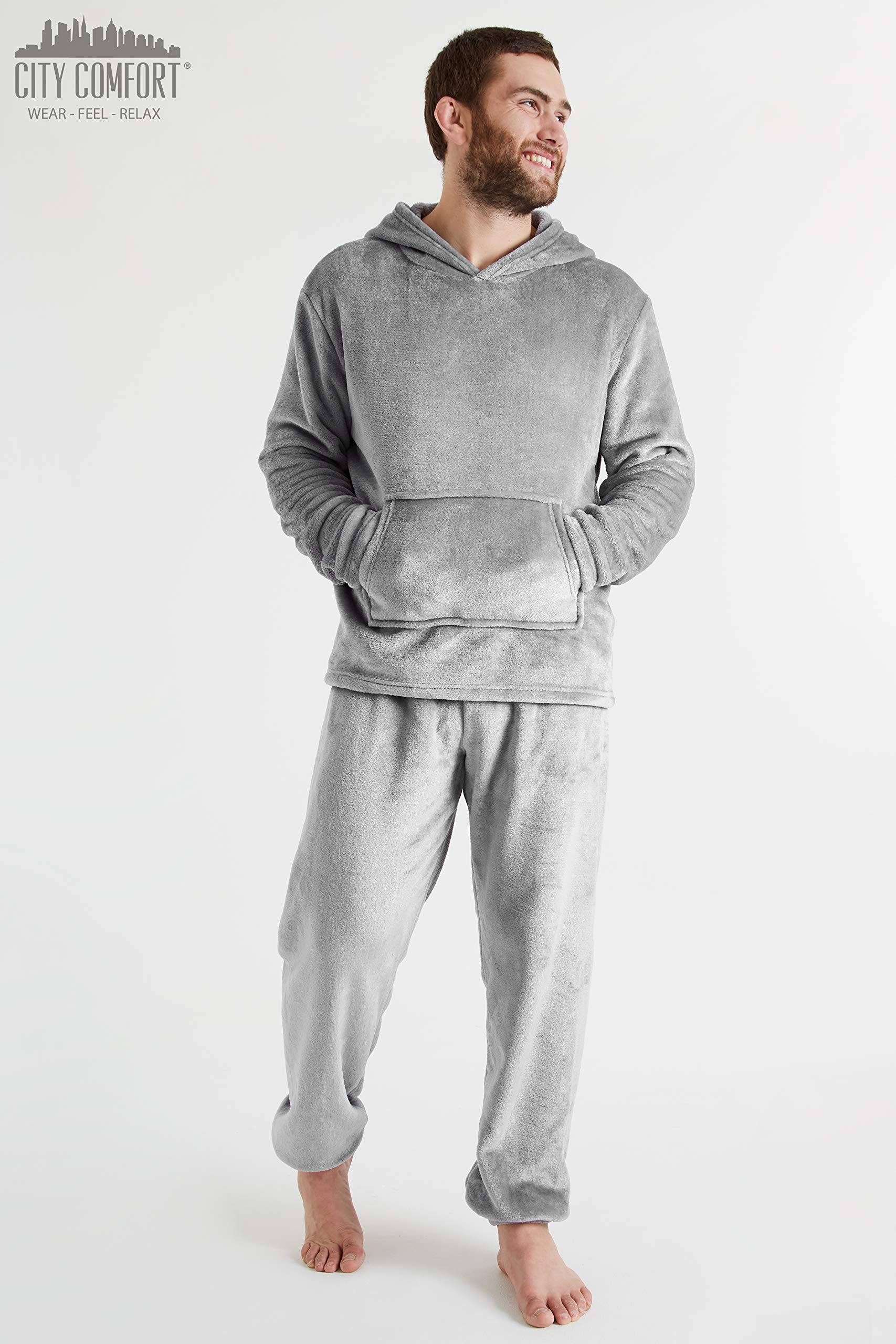 CityComfort Pyjama Homme, Ensemble De Pyjamas en Polaire Douce avec Pantalon Taille Élastique Et Pull à Capuche en Pilou Chaud, Idée Cadeau Ado ou Adulte