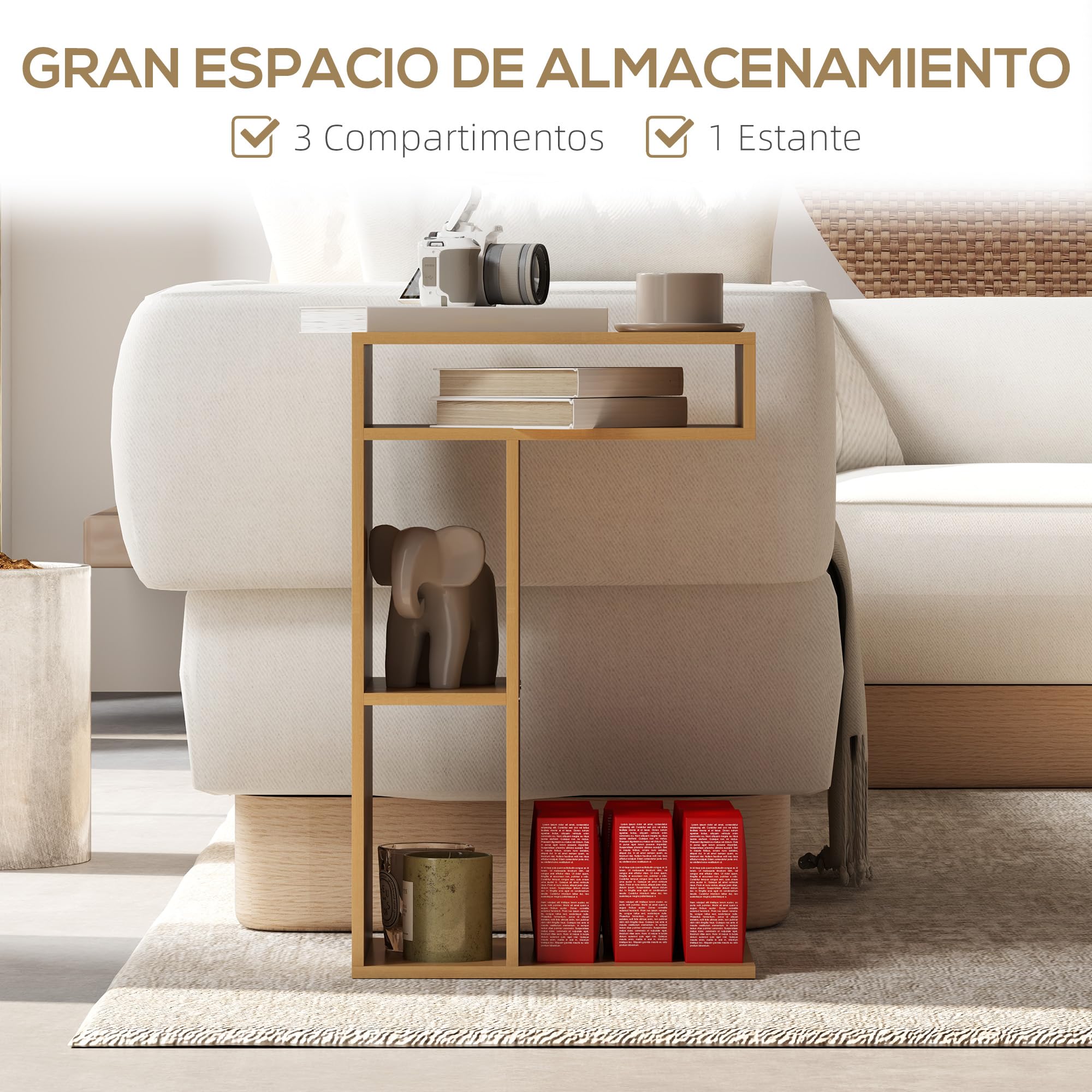 HOMCOM Mesa Auxiliar Multifuncional en Forma de C Mesa Auxiliar para Sofá con Ruedas Compartimentos Abiertos para Sofá Salón Dormitorio Oficina 40x30x69 cm Roble