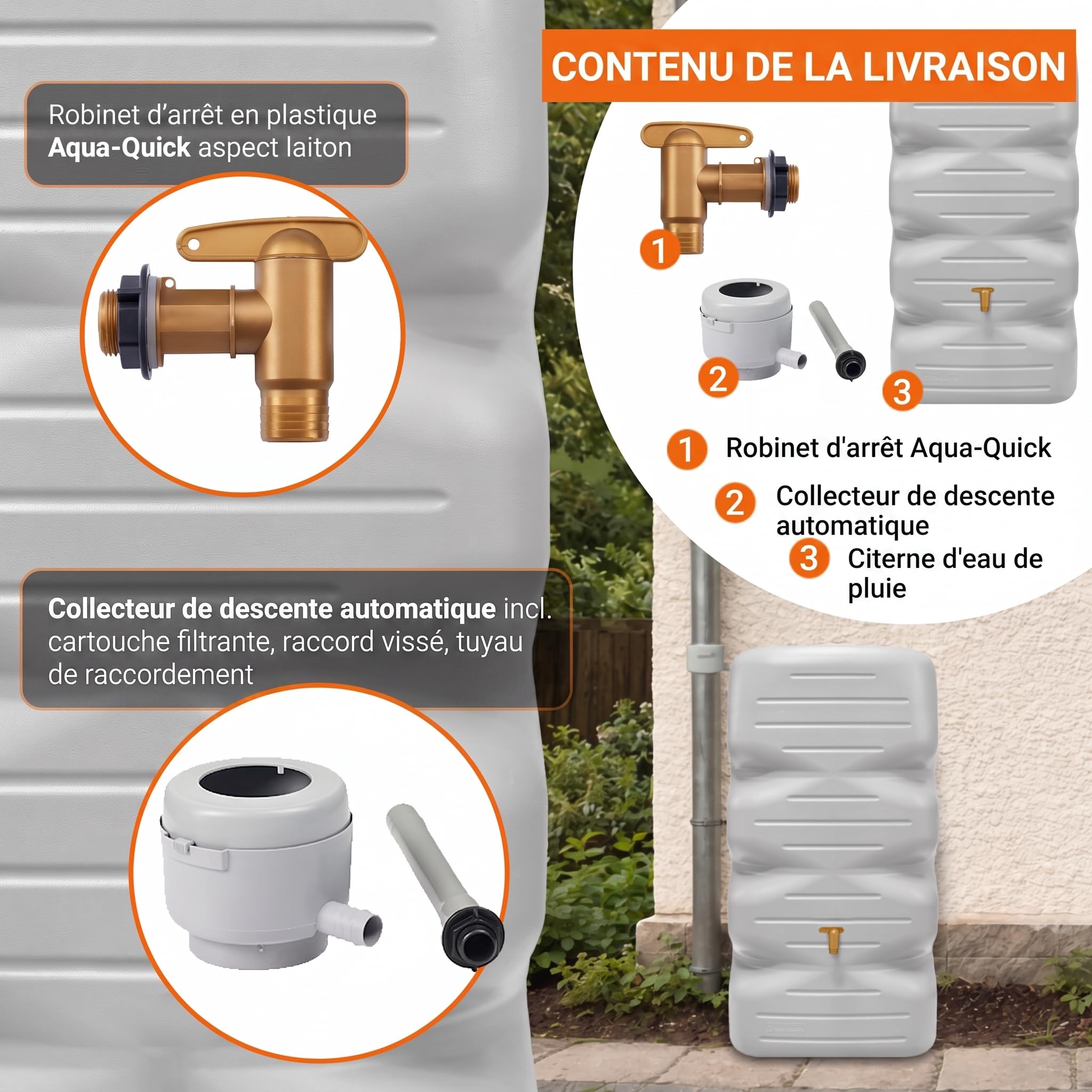 GARANTIA CUBUS cuve de Jardin kit Complet 340 litres Gris béton INCL. Robinet de Sortie en Plastique et raccord de Descente - récupérateur d'eau de Pluie Sobre - pour terrasse - extérieur Durable