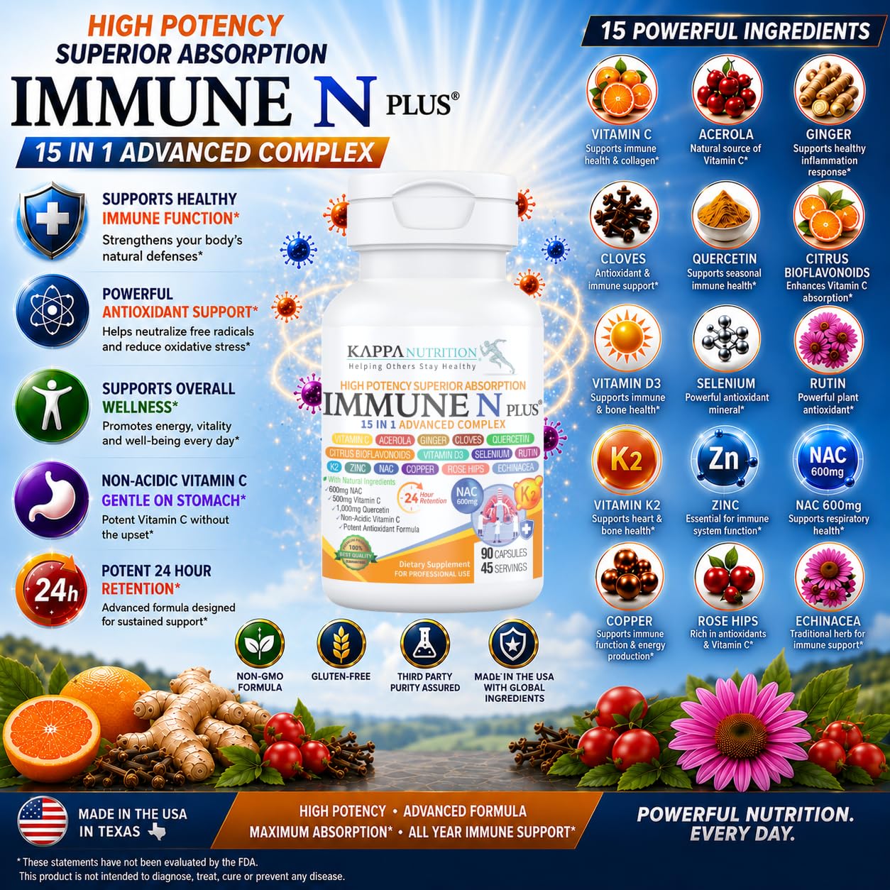KAPPA NUTRITION Immune N Plus® 15 in 1 Advanced Complex | 500 mg Non-Acidic Vitamin C + 600 mg NAC + Quercetin + Vitamin D3 5,000 IU + Vitamin K2 MK-7 + Zinc, Selenium & Copper | 60 Capsules — Amazon image 2