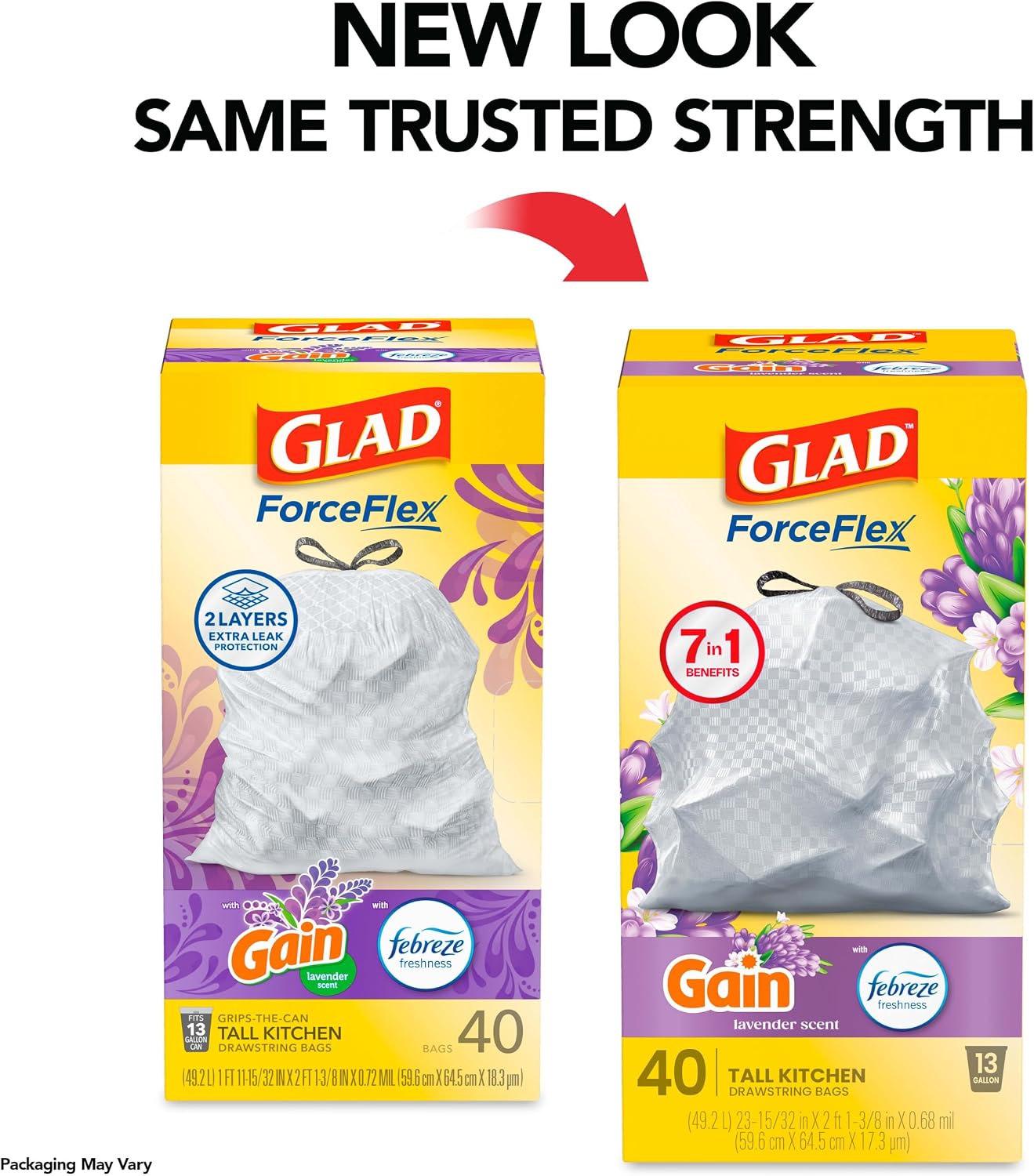 Glad ForceFlex Tall Kitchen Trash Bags, 13 Gallon, Gain Lavender, 40 Count (Package May Vary)