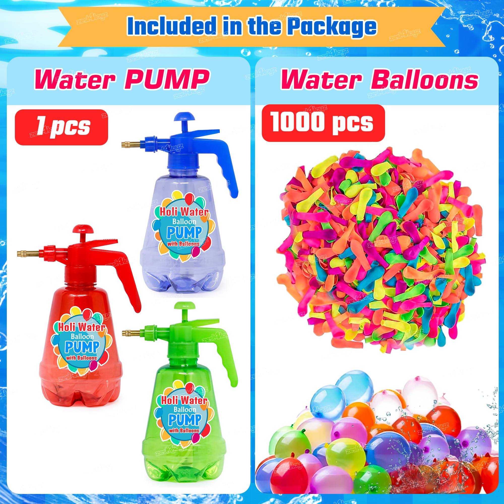 Zest 4 Toyz Holi Water Balloon Pump Kit with 200 Colorful Water Balloons Easy to Use Water Pumping Station Perfect for Holi and Summer Outdoor Fun for Kids - Random Color Dispatch 1