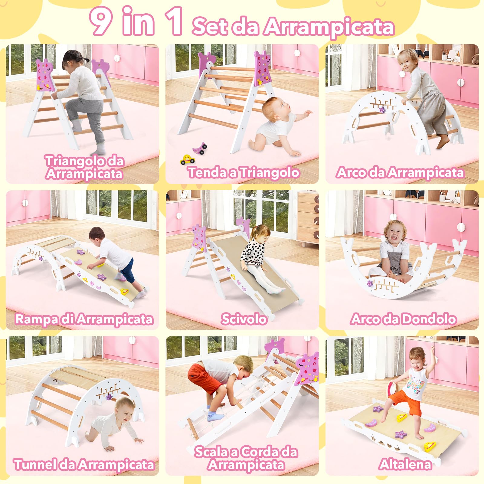 RELAX4LIFE Set da Arrampicata per Bambini, Triangolo di Arrampicata con Scivolo e Arco, Gioco di Incastri in Legno, Gioco Montessori per Bambini 1+ Anni (Unicorno-4 Pezzi | Bianco)