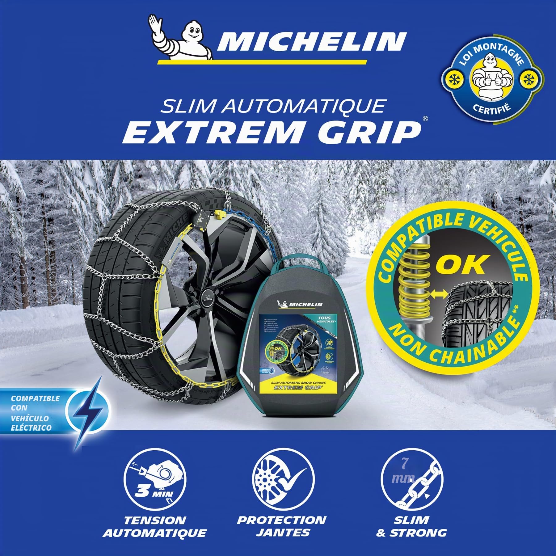 MICHELIN EXTREM GRIP, Cadenas de nieve metálicas 7 mm, tensión automática, N°90