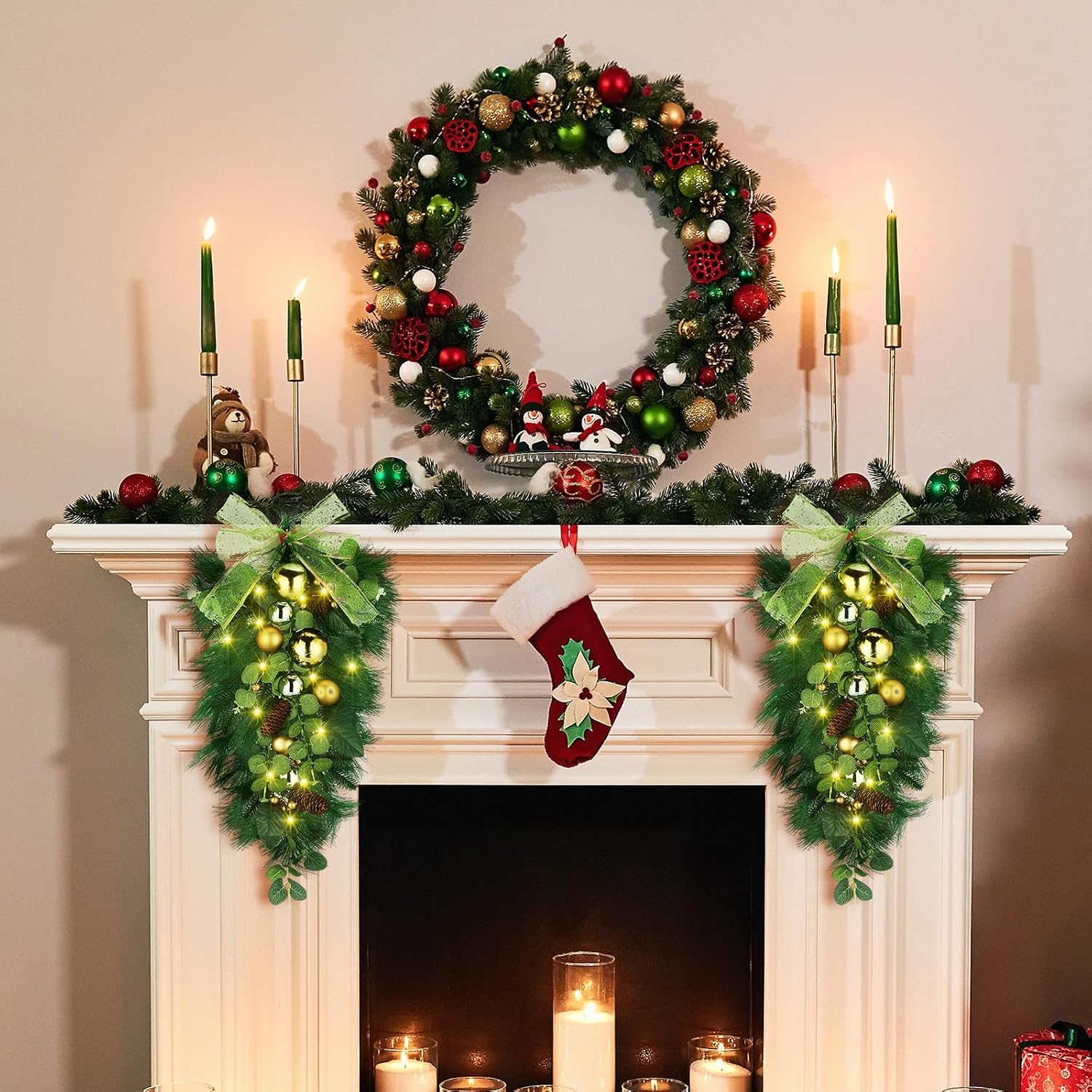 Liliful 2 Pcs 24'' Pre Lit Christmas Teardrop Swags, Christmas Norfolk Stair Swags with Green Bowknot and Lights Berries, Winter Pine Needles Greenery Swag Wreath for Door Wall Window Home Xmas Decor