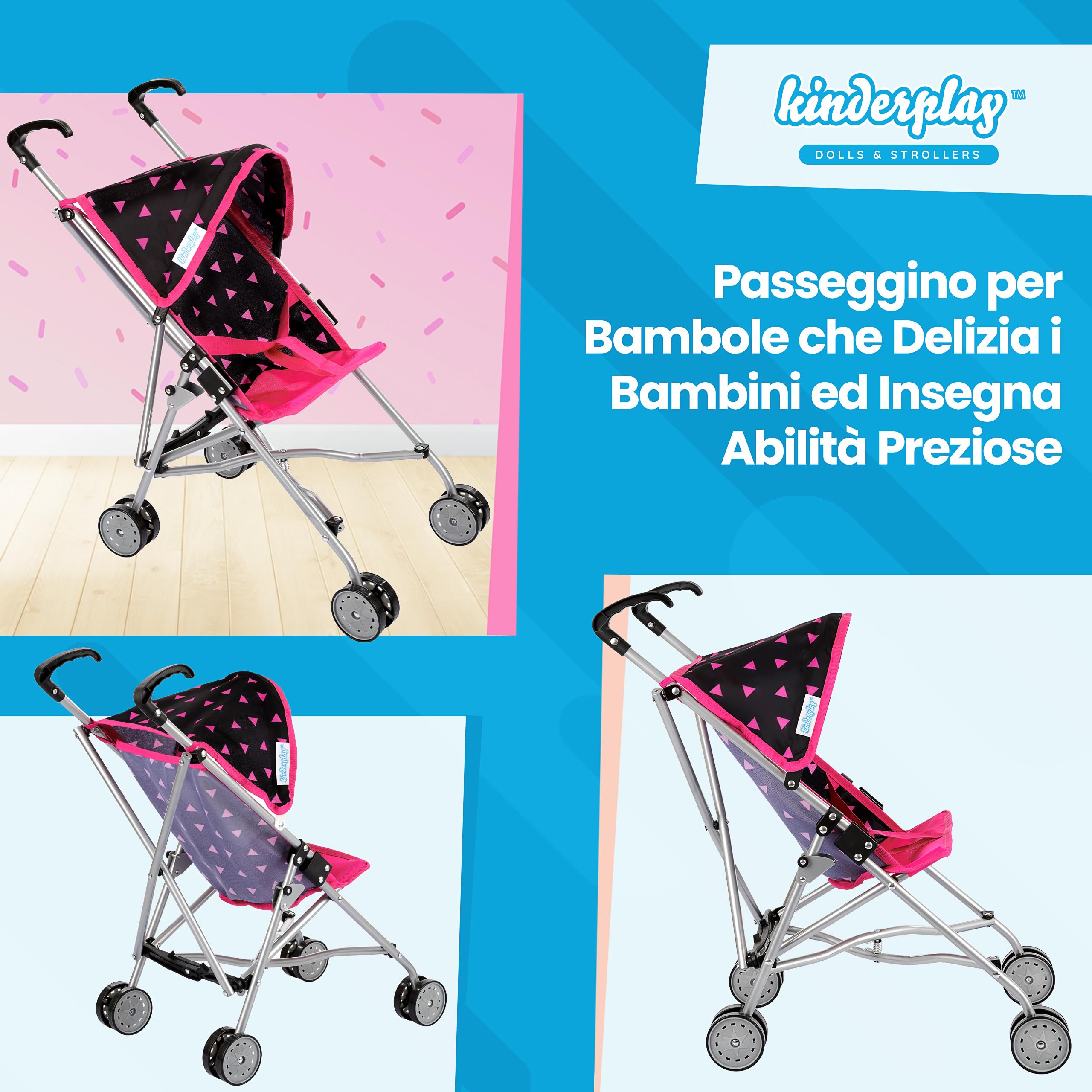 Kinderplay Passeggino per Bambole in Alluminio – Manico 54 cm, Leggero e Pieghevole – Per Bambini 2+ – Ruote Doppie Silenziose e Cintura di Sicurezza