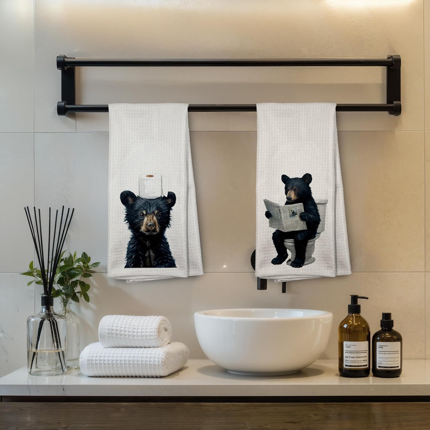 Funny Black Bear Read Newspaper Bathroom Decor Hand Towels Set of 2, Wild Animal Black Bear Lover Gifts Hand Towels for Bathroom Washroom Restroom Decor, 16x24 Inch,A027-BKMJ - Image 3