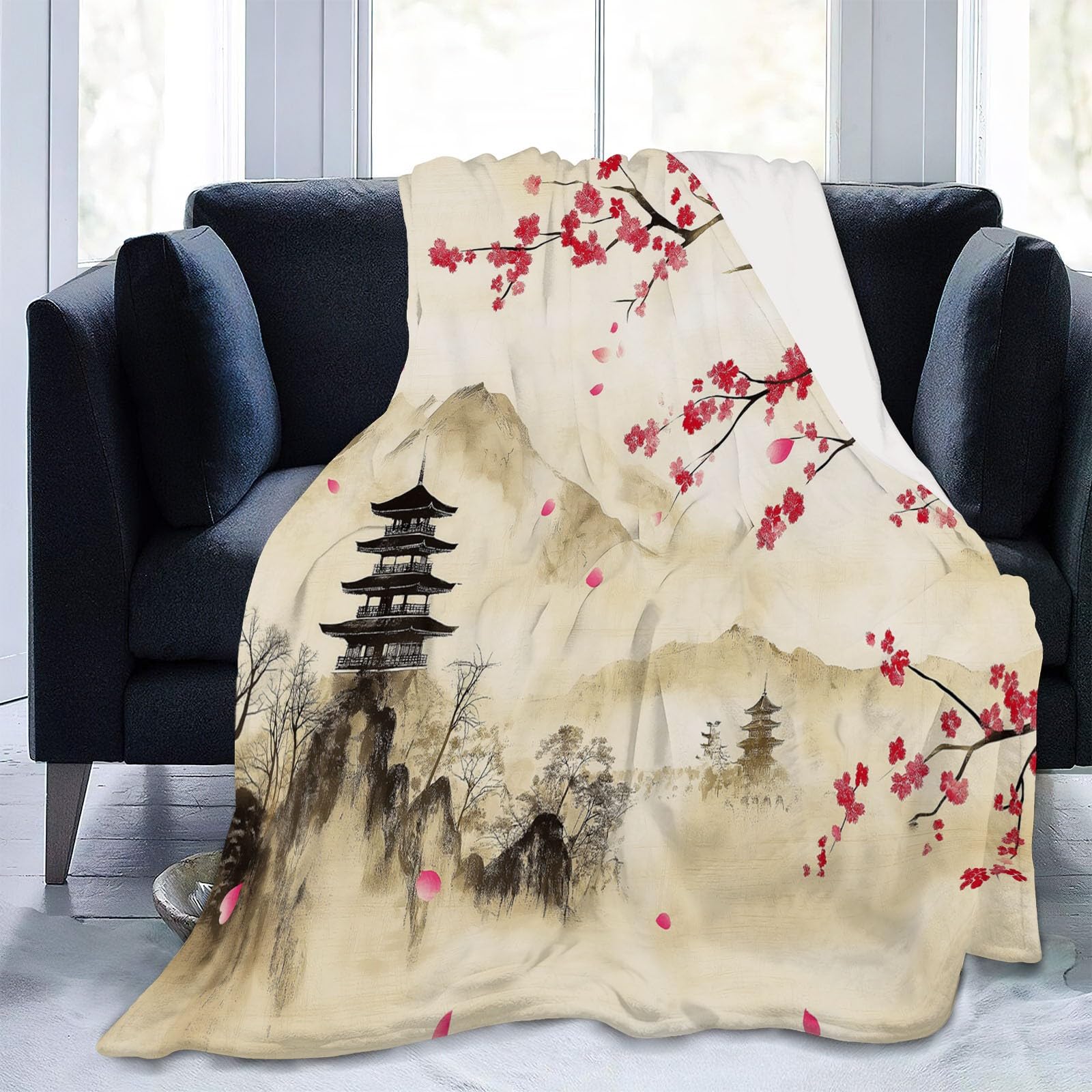 3D Couvertures Polaire Brun Flanelle Couverture Polaire Style Japonais Montagnes Pagode Fleurs De Cerisier pour Adultes Enfants Rester Chaud en Hiver Couverture en Peluche Canapé-lit 180 x 220 cm