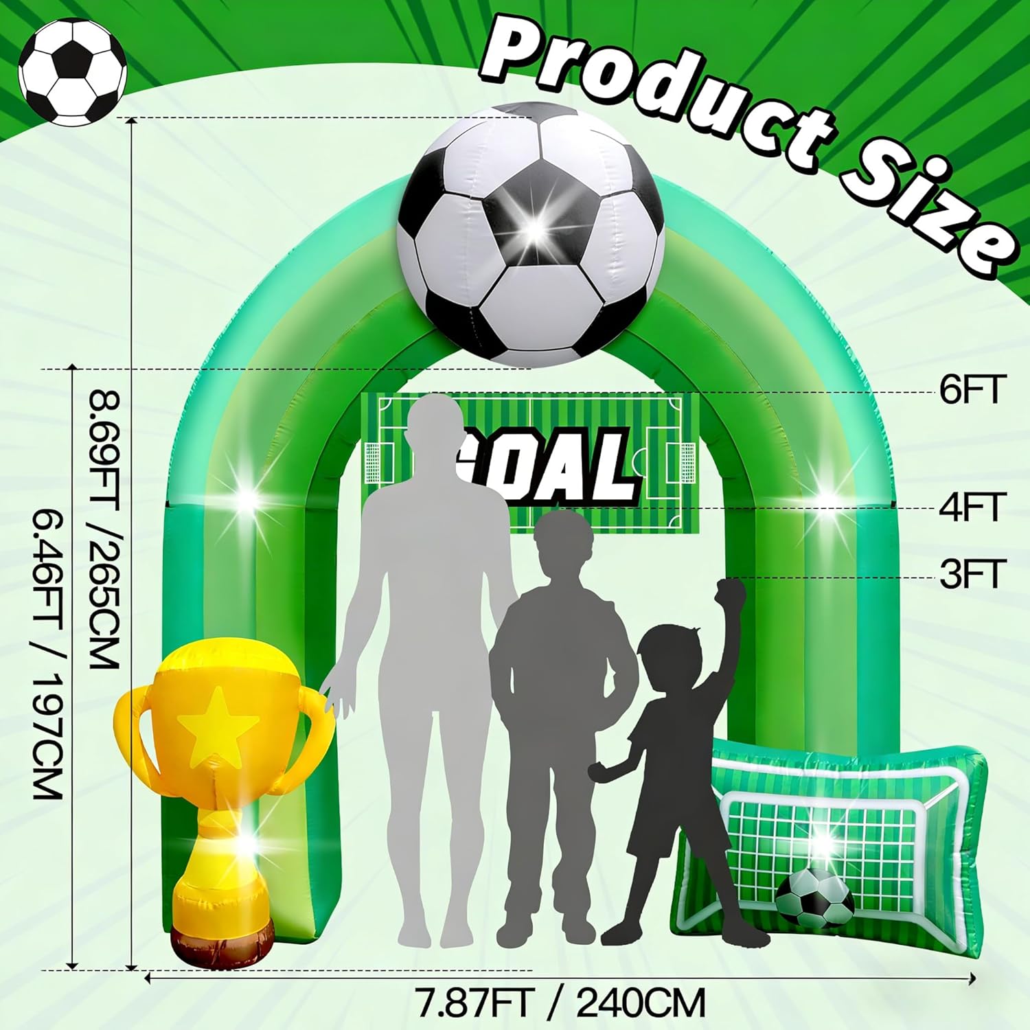 9 FT Giant Soccer Inflatable Arch for Soccer Birthday Party Decoration with “Goal” Banner 1 Blower and 5 LED Light for Soccer Field Club Team Coach Community Competition Outdoor Blow-up Decor