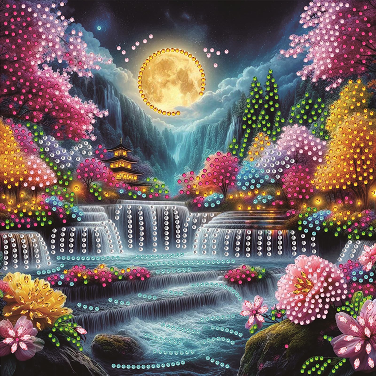 POETRYDRAW Moonlit Pagoda Scene DIY Diamond Art Kit 30x30cm for Adults & Beginners Home Decor
