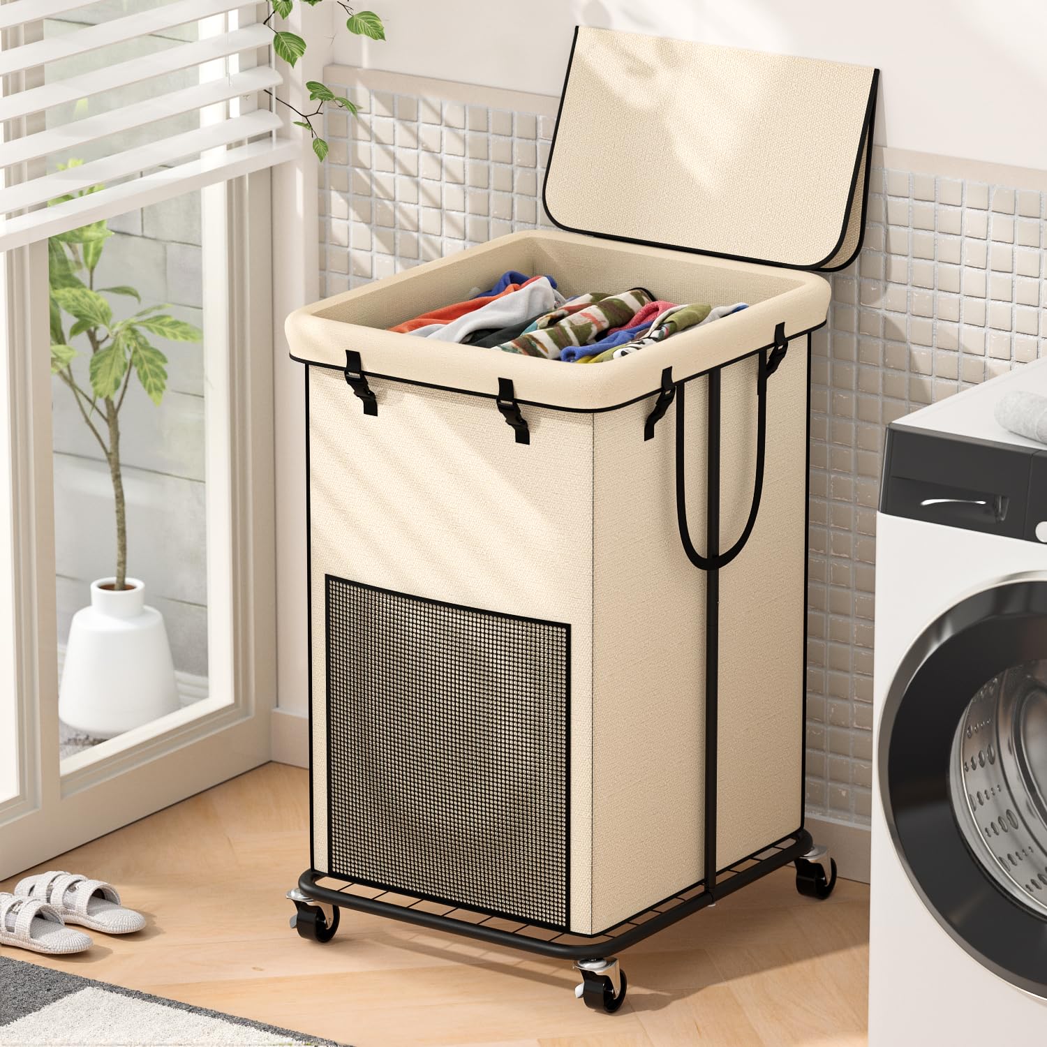 Cestas de lavandería grandes de 150 litros con tapa, cestas de tela Oxford, marco de metal y bolsa extraíble, diseño con ruedas para dormitorio, baño, dormitorio, lavandería (tapa de helado)
