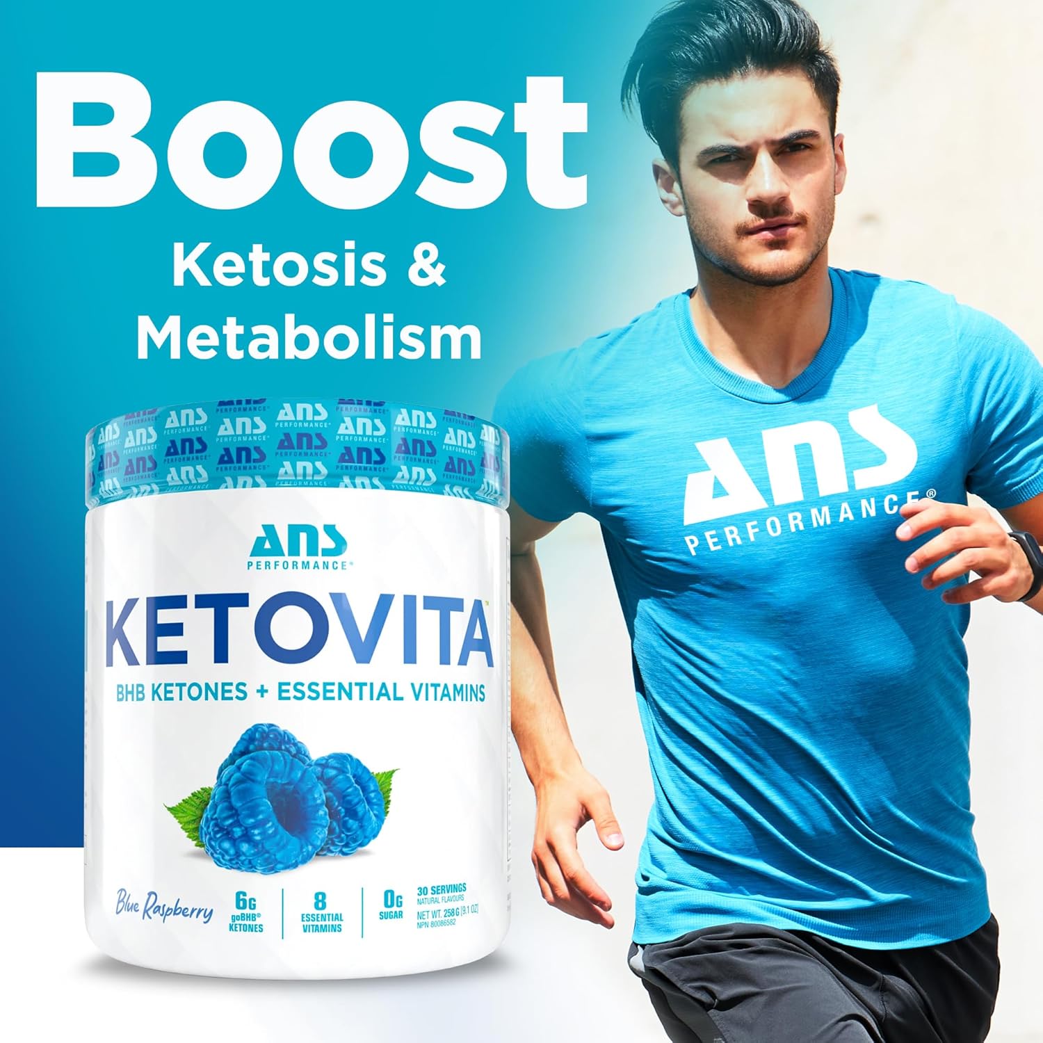 ANS Performance Ketovita Supplement Beta-Hydroxybutyrate Ketones Drink Powder with Zero Sugar and 30 Servings, Boosts Metabolism, Blue Raspberry