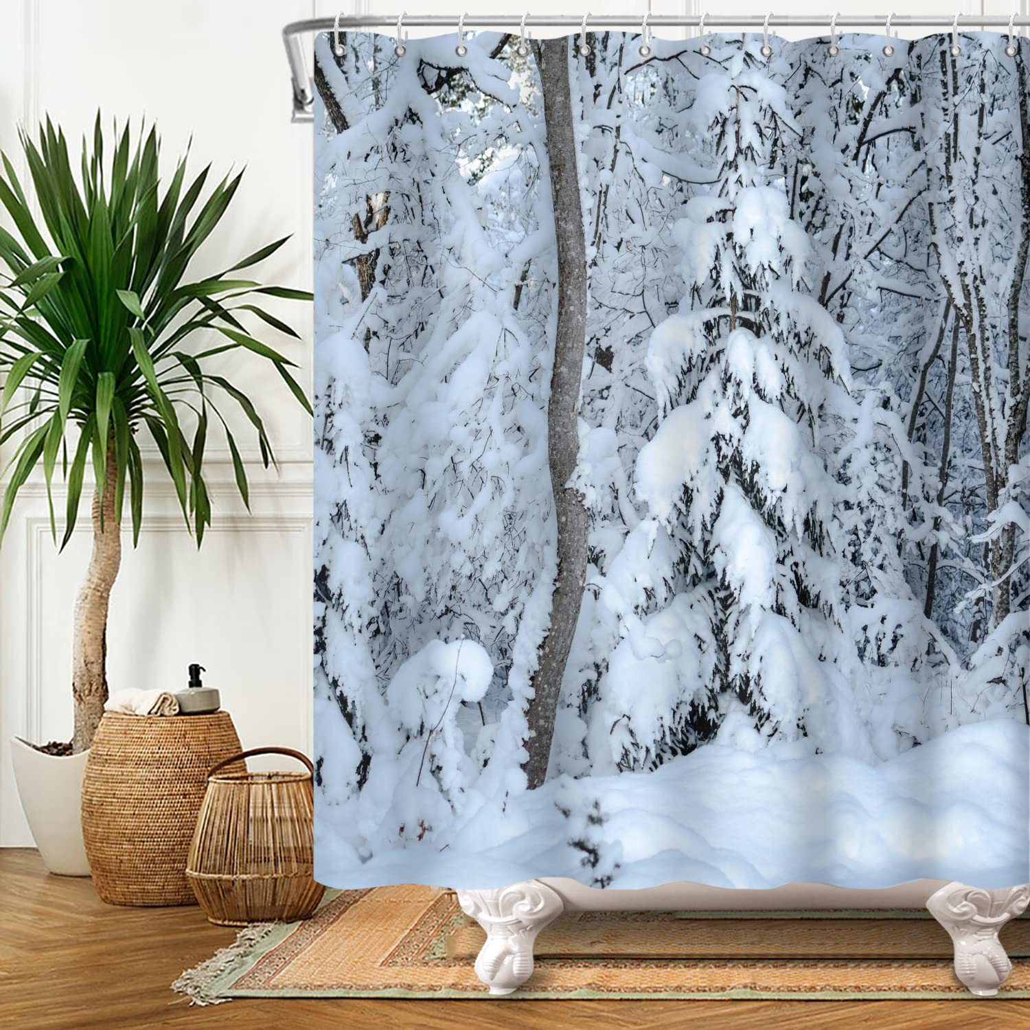 Bovlleetd 71x71inch Winter Snow Shower Curtain 3D Winter Forest Snowing Shower Curtains Natural Scenery Bathroom Decorative Curtain Waterproof Bath Curtain with Hooks Durable - Image 2