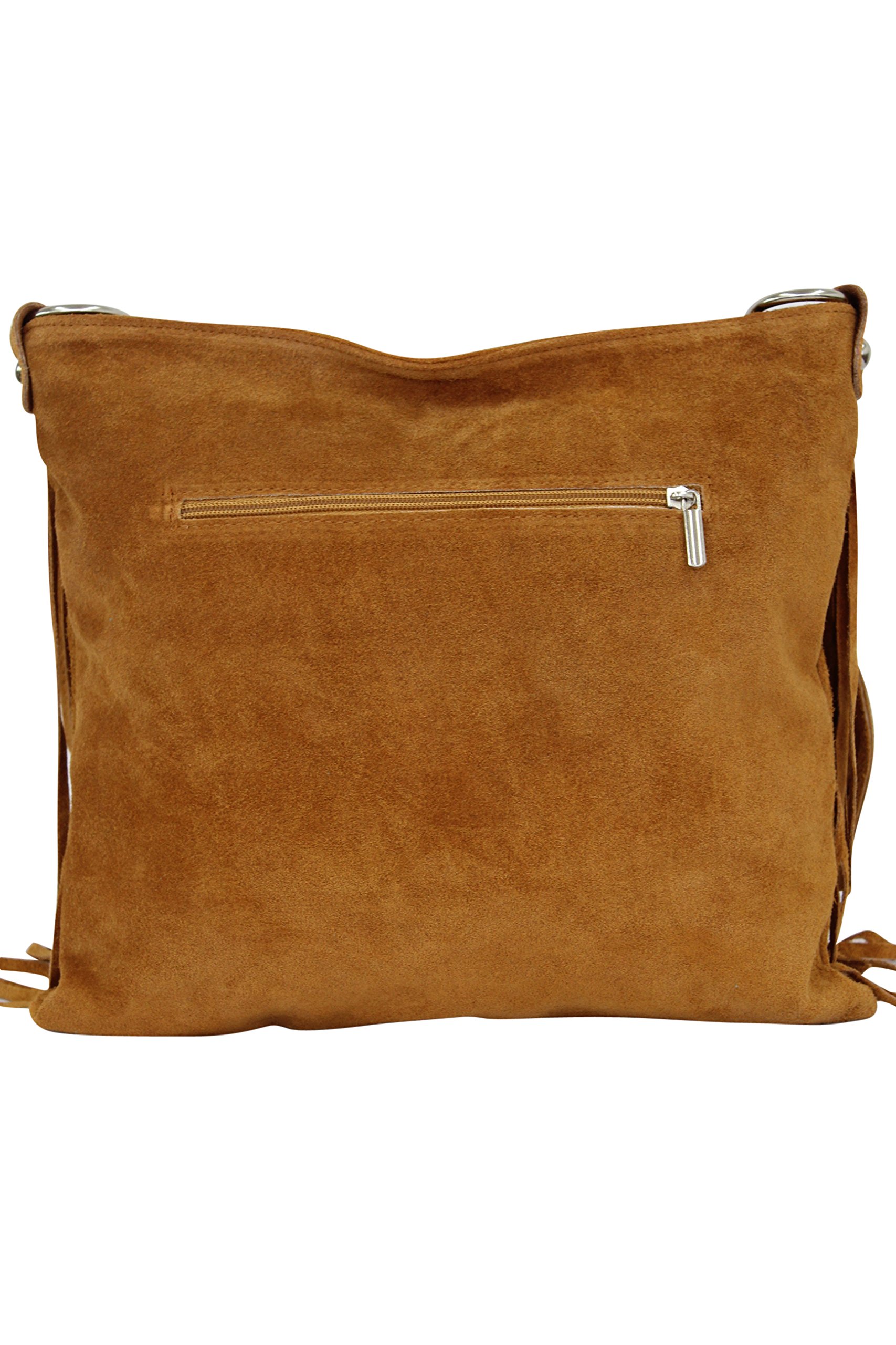 AMBRA Moda Damen Handtasche Ledertasche Umhängetasche Fransentasche Schultertasche Damentasche Wildleder 32 cm x 29 cm x 2 cm WL809 (Cognac)