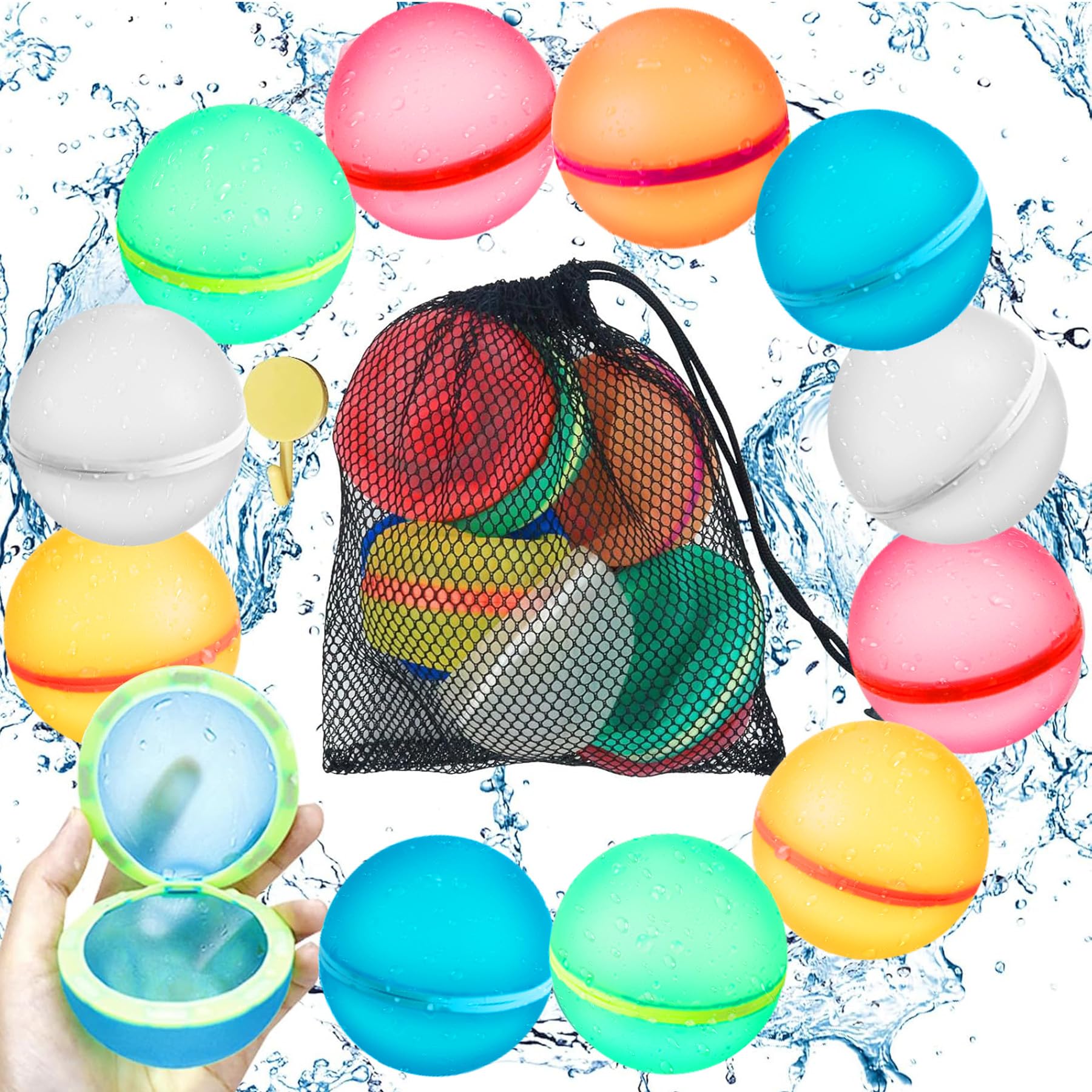 12 PCS Water Balloons,Magnetic Silicone Water Balls Quick Fill with Mesh Bag,Summer Outdoor Pool Beach Party Supplies Toys Water Balloon for Kids Adults (12pcs)