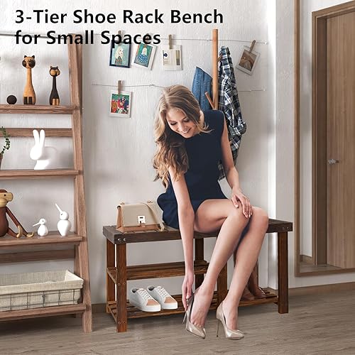 Miniatura 5 de ECOMEX Zapatero para entrada, estante de madera de 3 niveles para zapatos, organizador de zapatos, banco organizador de zapatos, banco de entrada