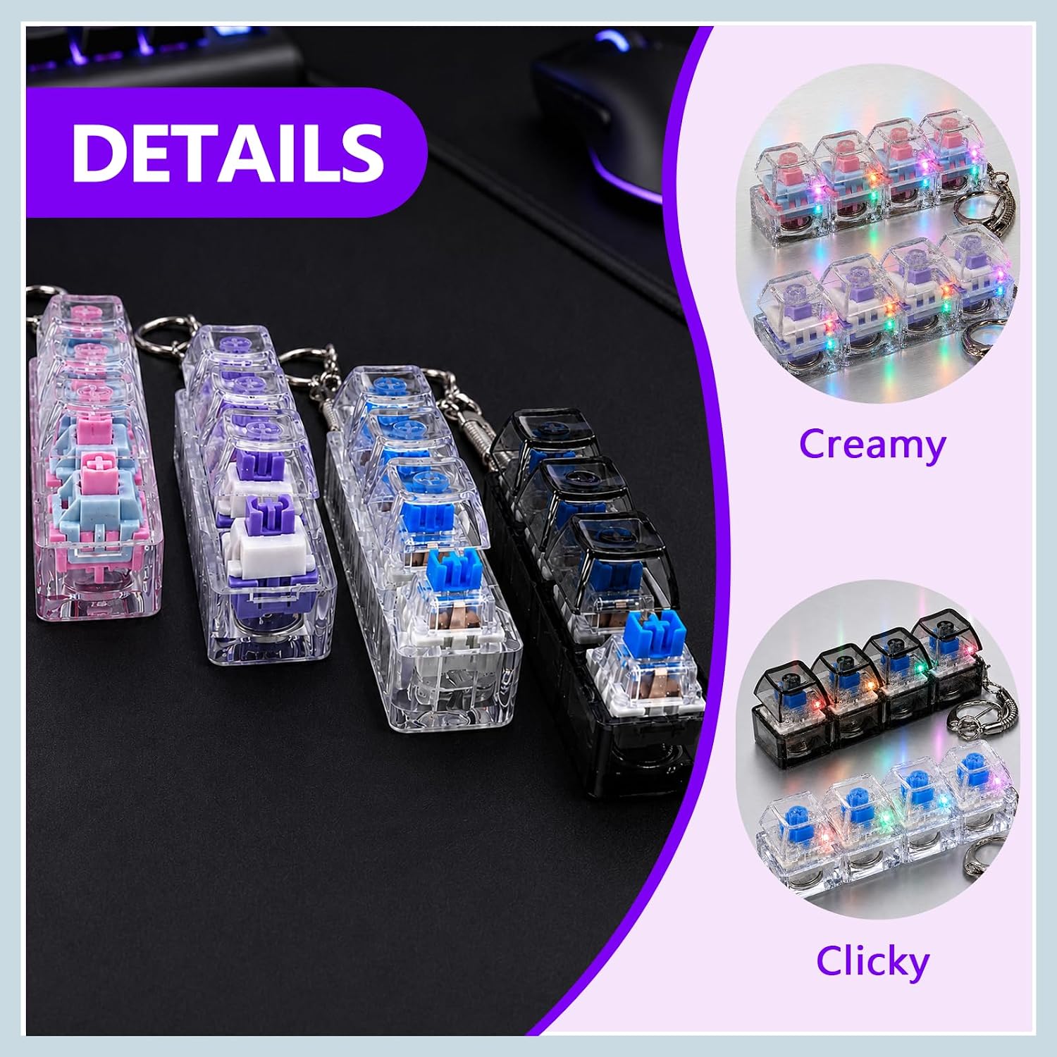 4-Pack Keyboard Fidget Toy, Light-Up Mechanical Switch Clicker | Stress Relief Finger Press Toy Provide Satisfying Tactile Feedback For Adhd And Anxiety, Colored RGB Effect For Kids & Adults