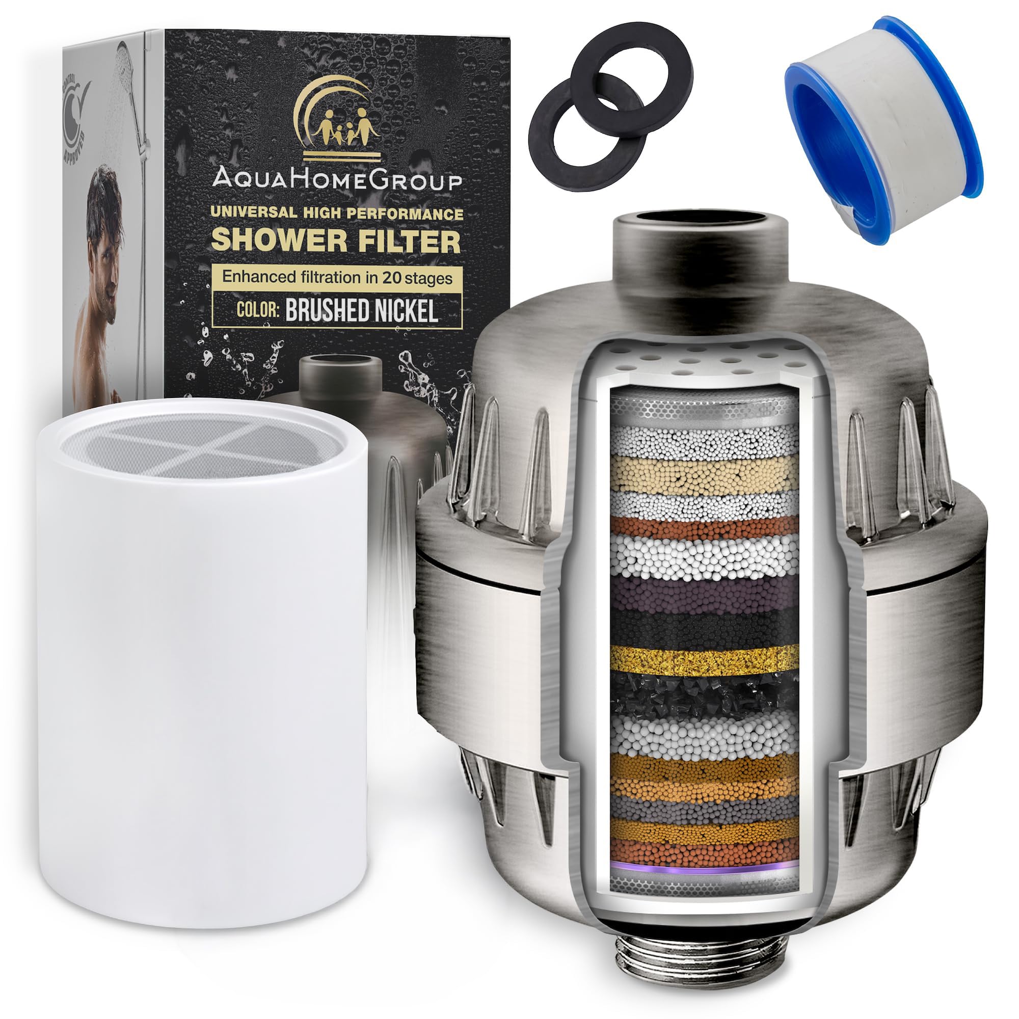 AquaHomeGroup - Filtro de cabezal de ducha de 20 etapas con vitaminas C, E y A para agua dura, filtro de alta salida para eliminar el cloro y el fluoruro, 2 cartuchos de repuesto, filtro de cabezal de | Filtro de ducha de 20 etapas, vitamina C y E, reduce