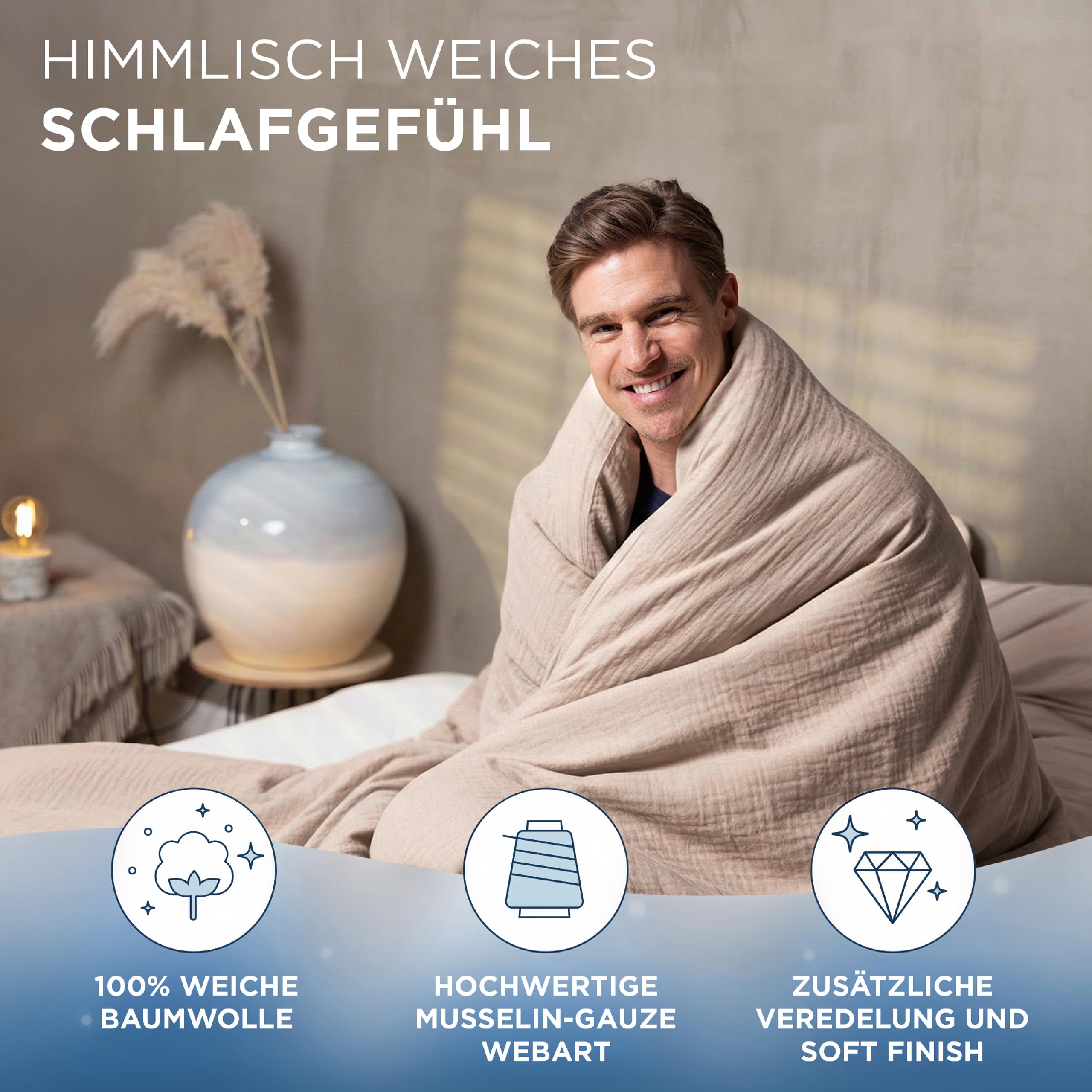 Samthus Musselin Bettwäsche aus 100% Baumwolle - Oeko-Tex Made in Green - Himmlisch weicher Schlaf - bügelfreies Bettwäsche-Set mit 1x Bettbezug 200x200 + 2X Kissenbezug 80x80 - Duvet Cover - Taupe