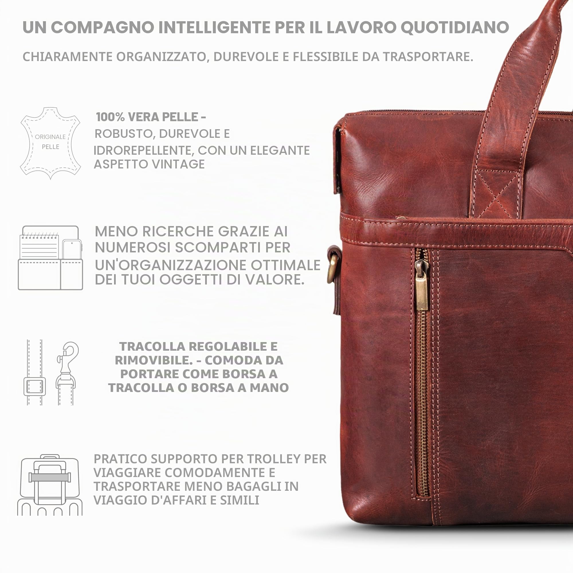 ROYALZ 'Seattle' Borsa Ventiquattrore Uomo in Vera Pelle Grande - Perfetto come Borsa per Computer Portatile 14-15.6 ' Borsa 24 ore Borsa a Tracolla Business università