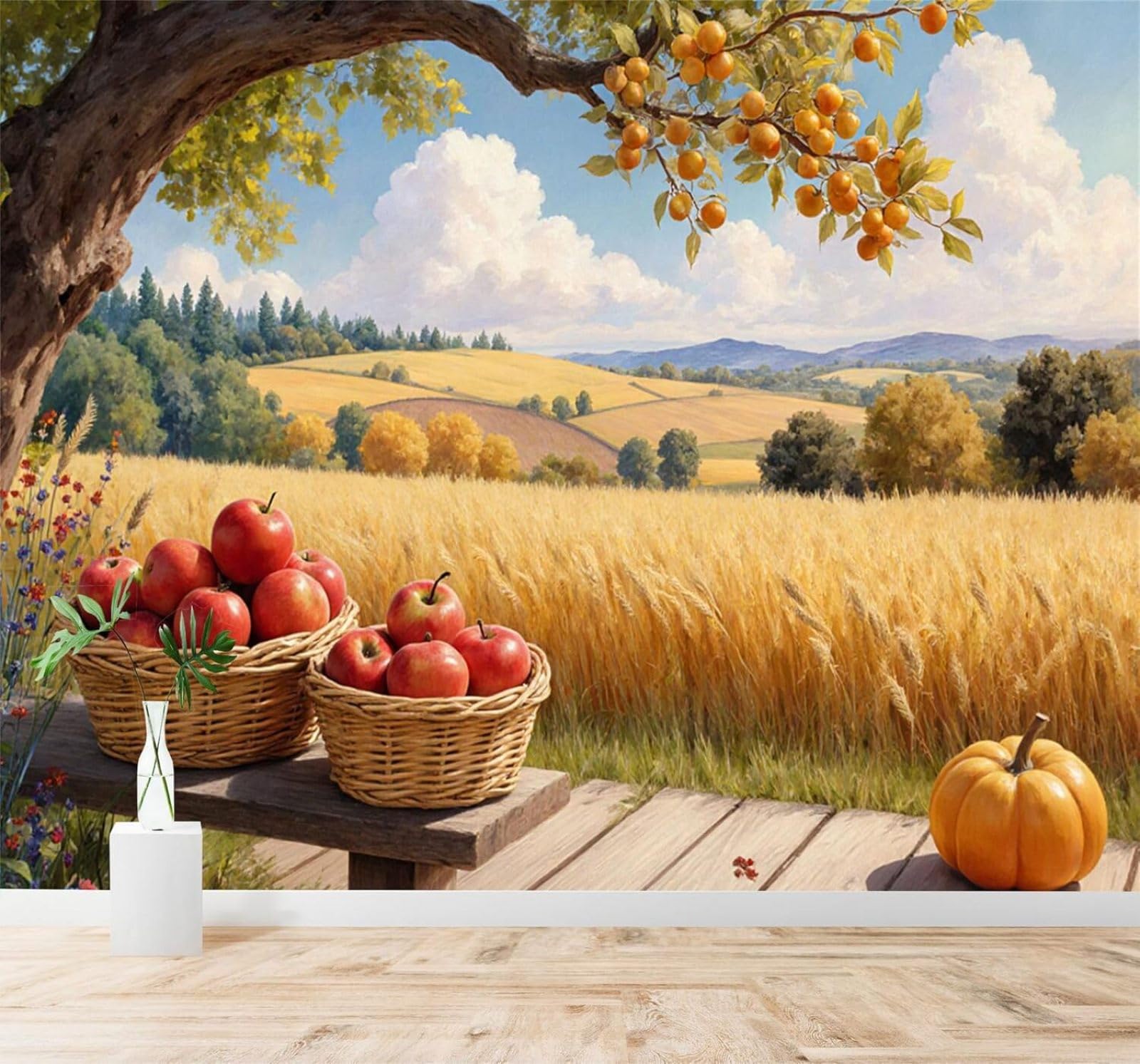 XLMING Autumn Harvest Scene Pumpkins Wheat Fields Hills Countryside Scenery 3D Wallpaper Silky Texture Home Study Office Grey Dining Room Sofa Bedroom Living Room TV Backdrop-350cm×256cm