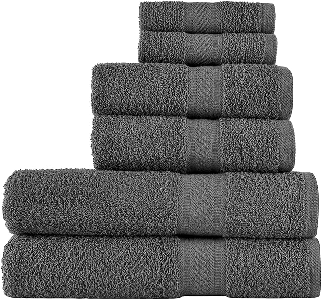 Sweet Needle Daily Use 6 Piece Bathroom Towels Bale Set, Charcoal Grey -2 Bath Towel, 2 Hand Towel & 2 Washcloth, Ring Spun 100% Cotton, Soft, Absorbent, Quick Dry Shower Spa Pool Beach Towel Gift Set